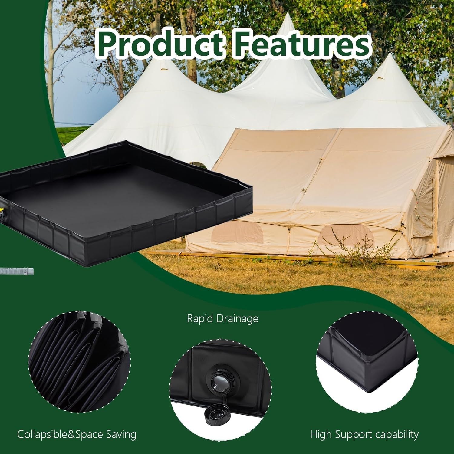 Portable Shower Pan Foldable Outdoor Shower Base with Detachable Drain Pipe