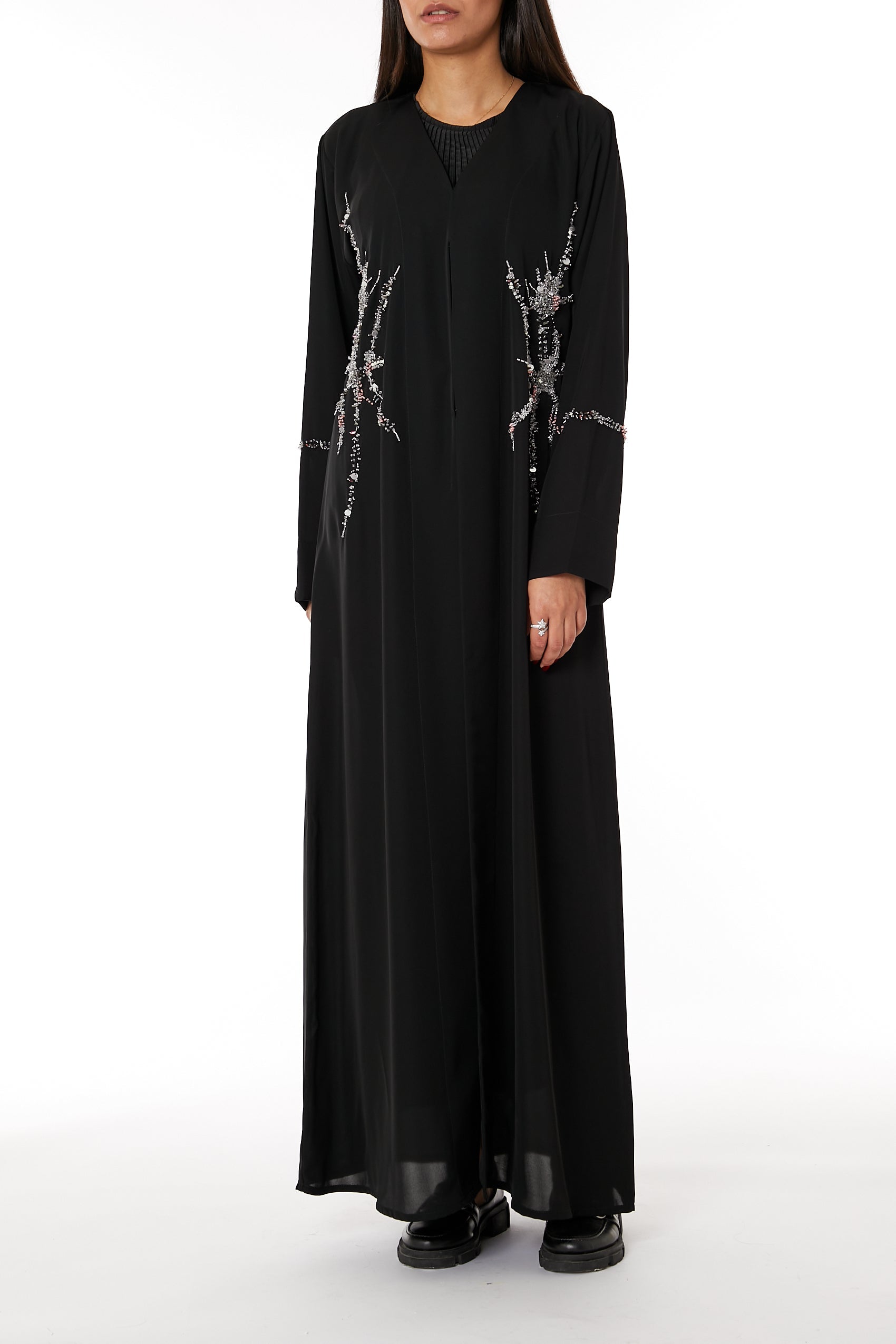 MOiSTREET Black Nida Embroidered V-Neck Open Abaya