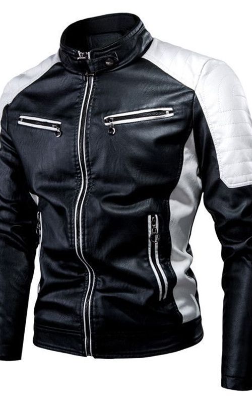 Men Motorcycle Leather Jacket Stand Collar Vintage Zipper Biker Coat Racer Outerwear
