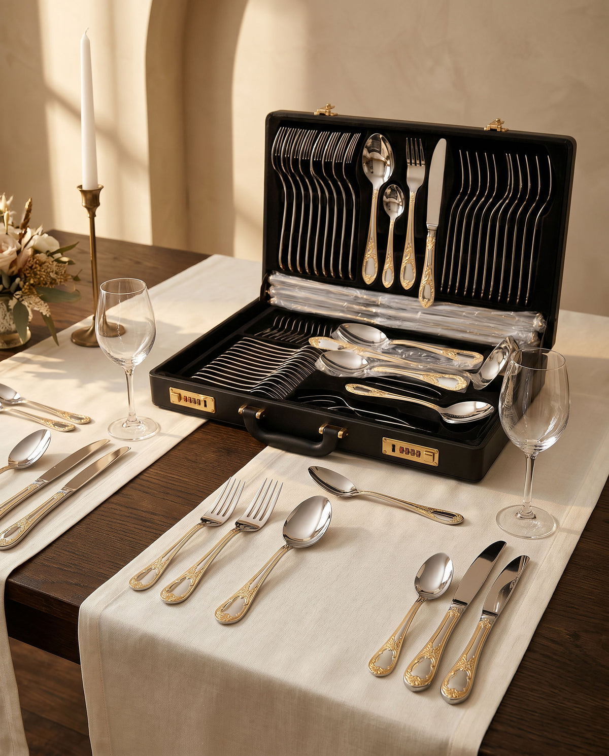 Antique Arch 72-Piece Vintage Gold-Trim Cutlery Set