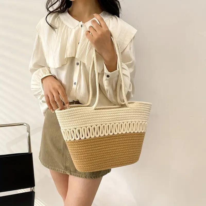 AIESY® Premium Woven Cotton Rope Tote Bag | Luxury Handmade Aesthetic Shoulder Bag with Comfort Handles | Boho-Chic Dual-Tone Ecofriendly Handbag for Women, Beach, Shopping & Daily Travel (Cream & Light Brown)