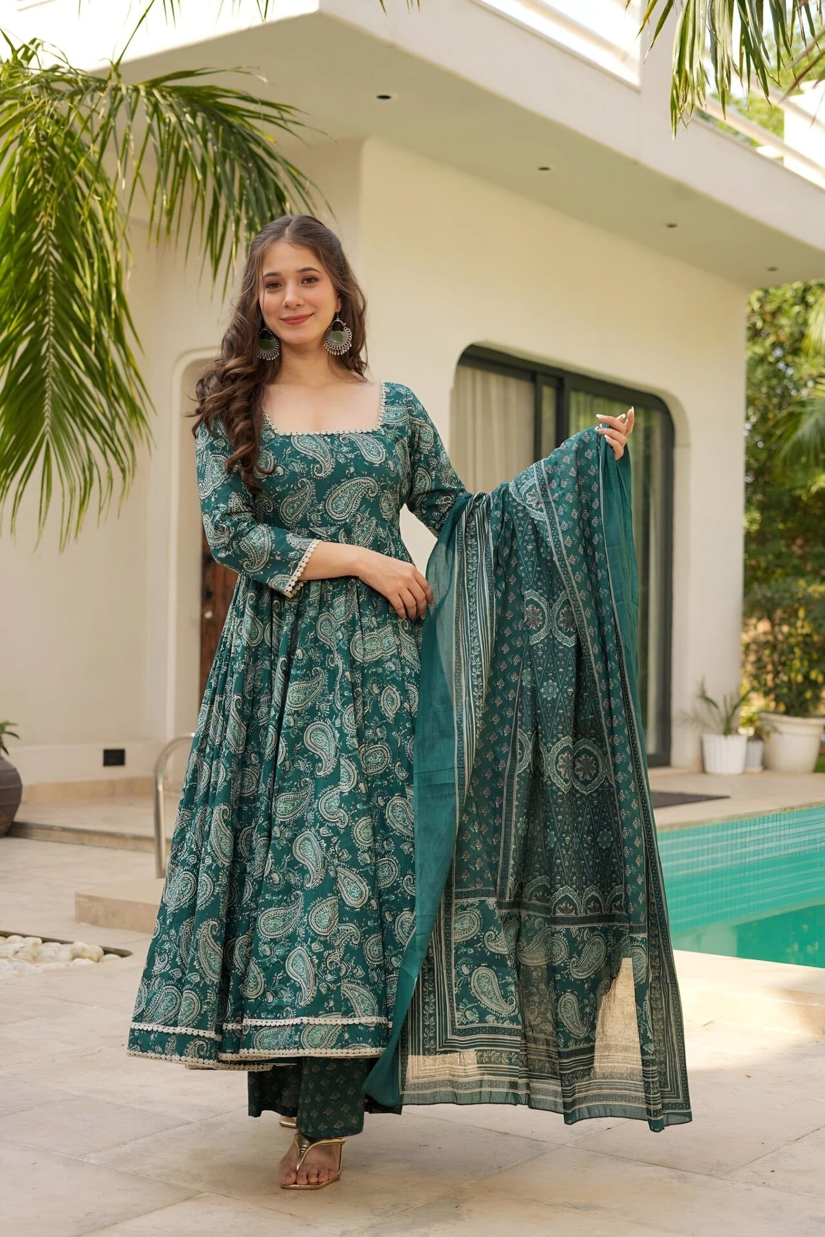 Fab Zone Party Wear Designer Anarkali Suit Set With Digital Print For Women