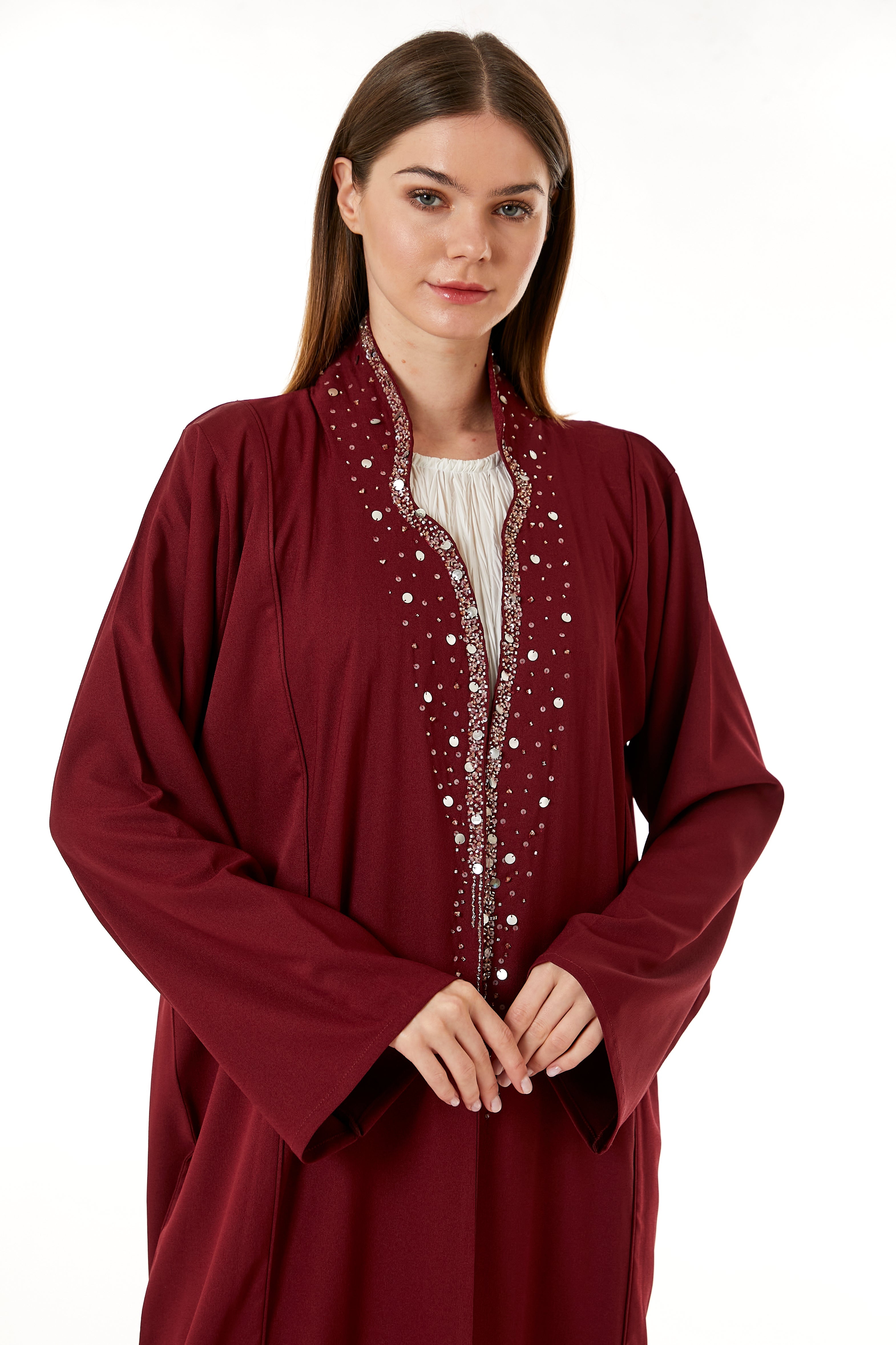 MOiSTREET Red Indonesian Crepe Hand Embellished Abaya