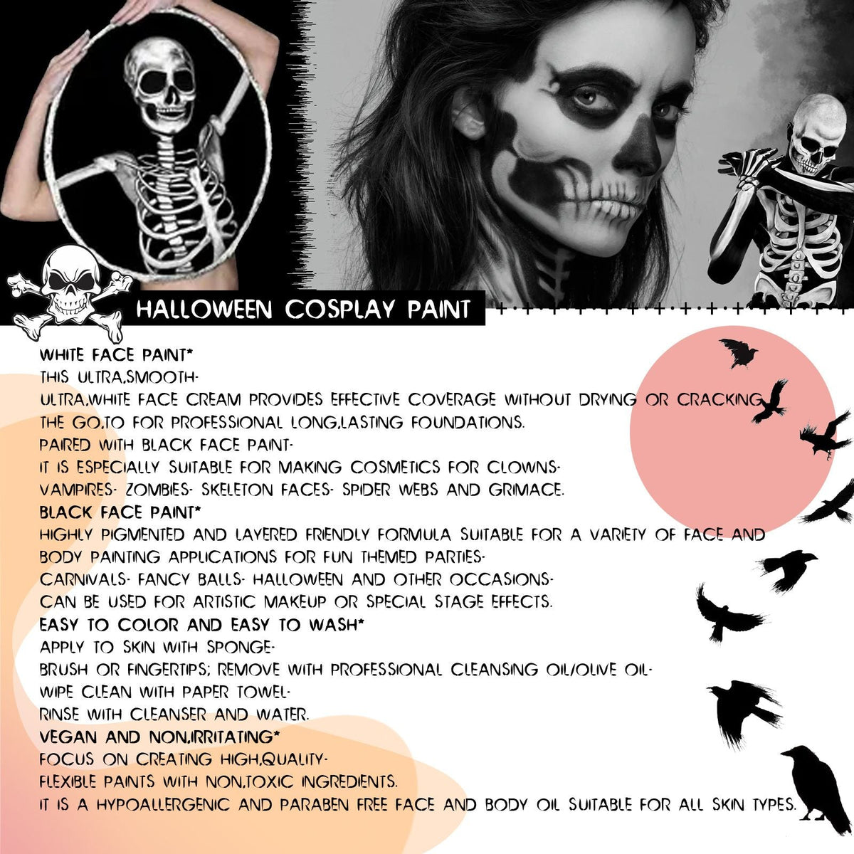 Black White Face Body Paint Halloween Cosplay Makeup Kit With Brush For Dress Up