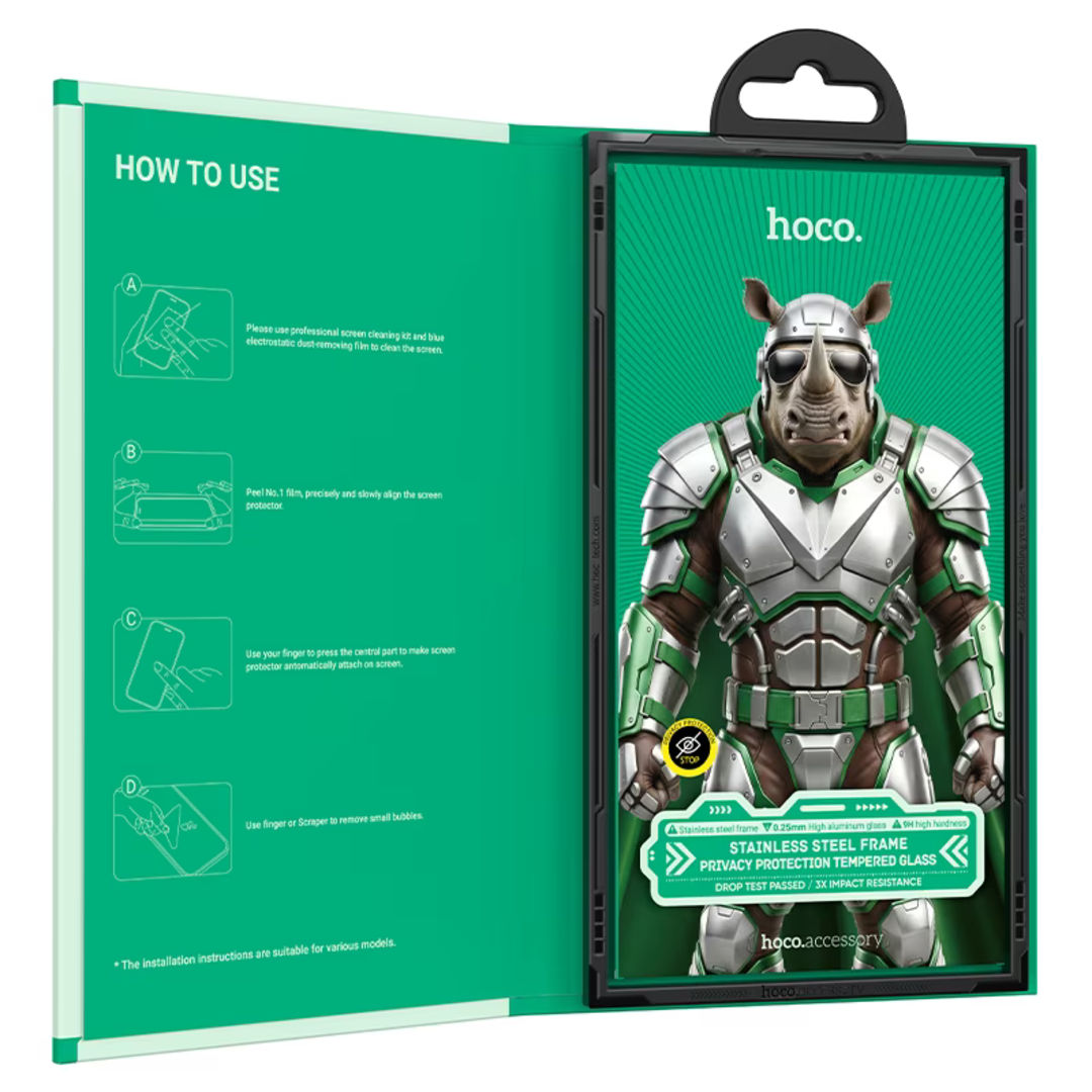 Hoco A44 Stainless Steel Frame Full Screen Anti-Spy Tempered Glass for iPhone 18 Pro Max, Privacy Protection, Stainless Steel Frame