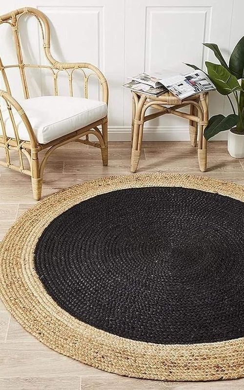 Handmade Black & Natural Jute Round Area Rug – Eco-Friendly Braided Jute Area Rug for Living Room & Bedroom