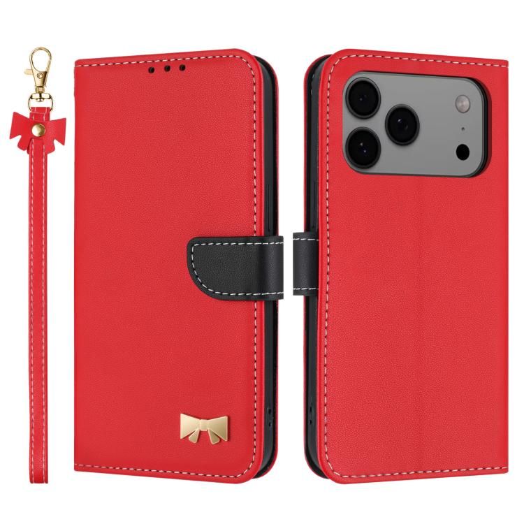 For iPhone 18 Pro Max / iPhone 17 Pro Max Metal Bow Leather Phone Case with Hand Strap