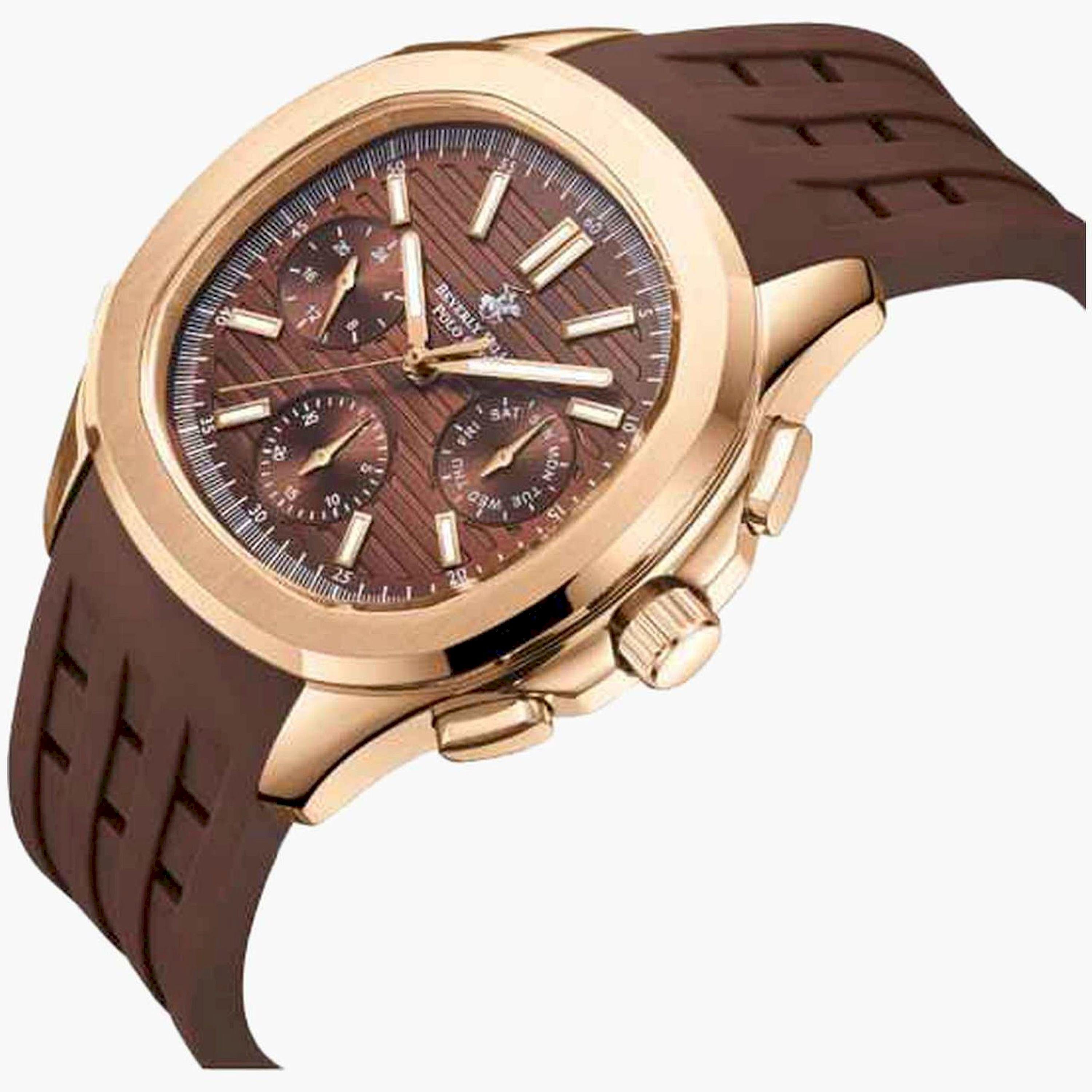 Beverly Hills Polo Club Men’s Analog Watch, Stainless Steel Case, Brown Rubber Strap, 50M Water Resistant, BP3211X.442