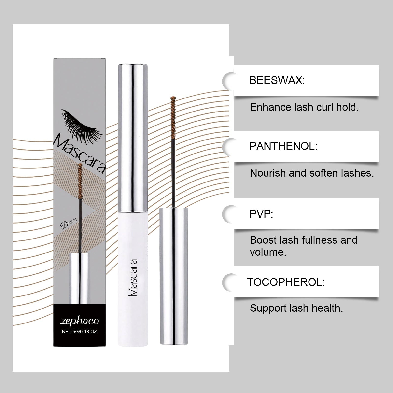 Brown Curly Mascara, Voluminous, Smudge-Proof, Natural Curl, Eye-Enhancing ,5g