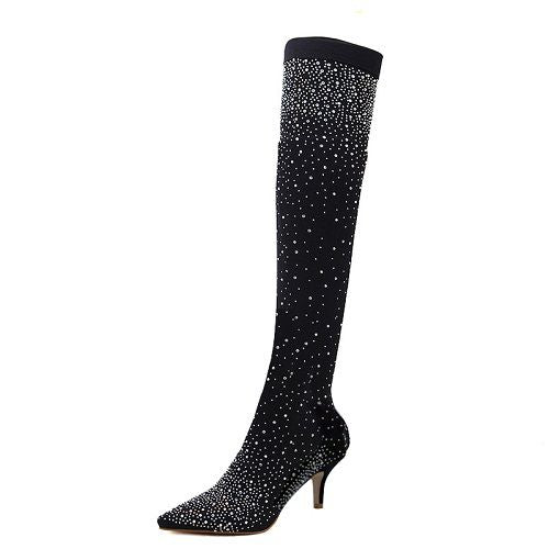 Crystal Fabric Over-the-Knee Pointed Toe 7cm Heel Boots for Women