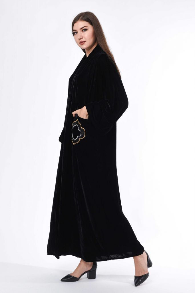 MOiSTREET Black Velvet Abaya with Hand Embroidery