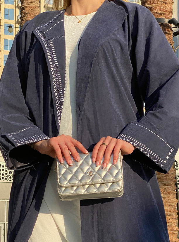 MOiSTREET Blue Shamoua Coat Style Abaya with Thread Handwork