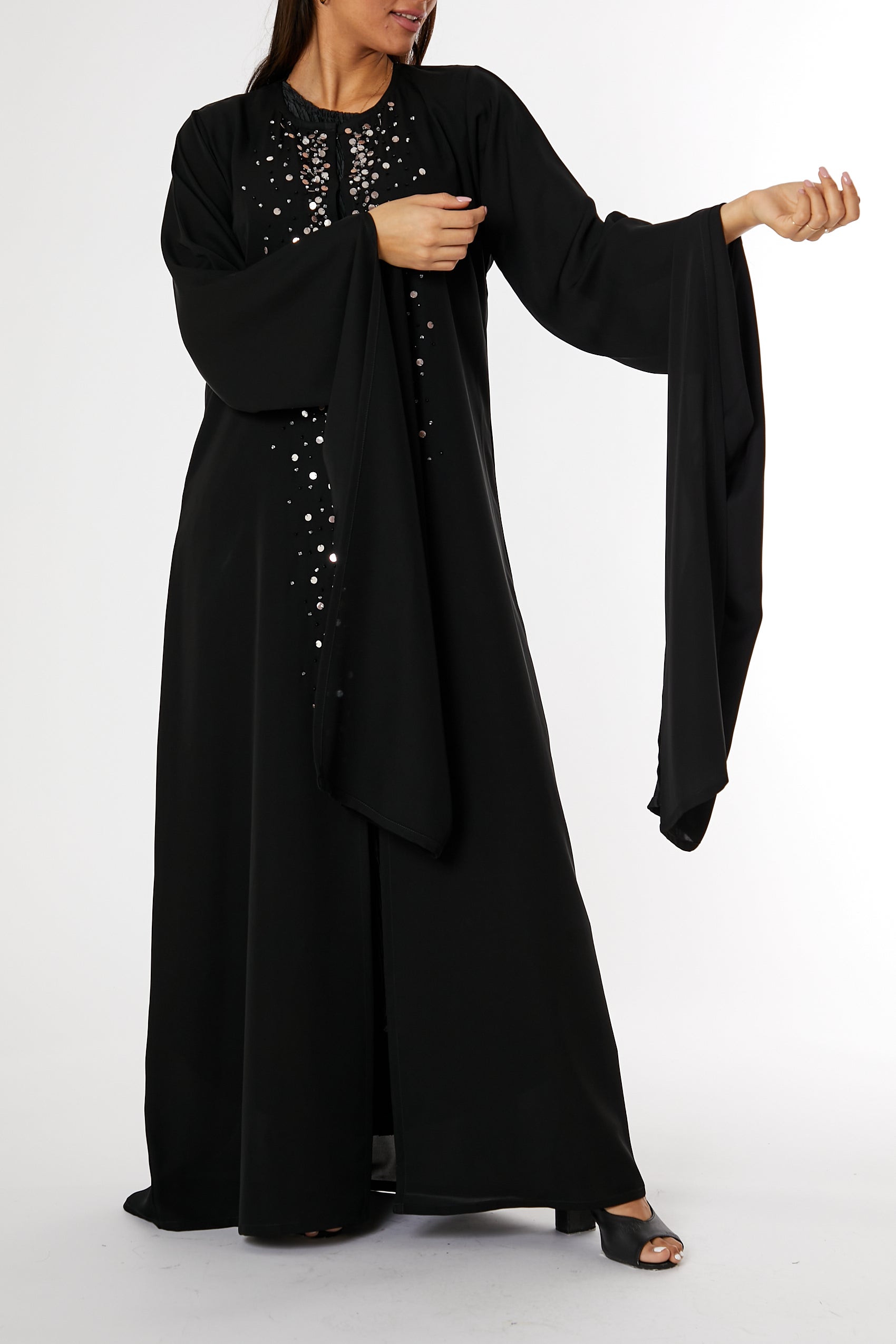 MOiSTREET Black Round Neck Nida  Split Cuffs Embroidered Abaya