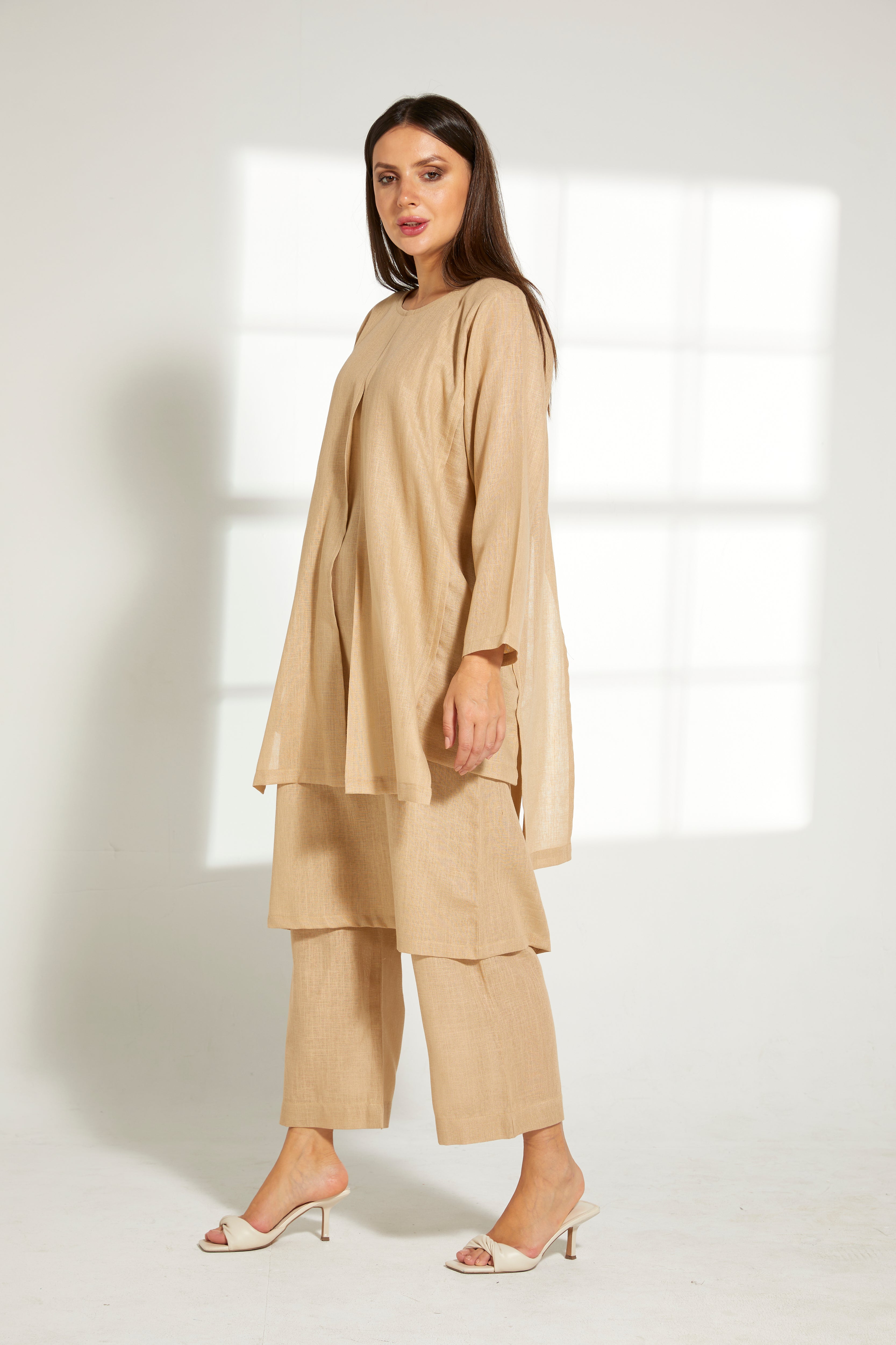 MOiSTREET Tan Linen Fabric Top and Pants Set