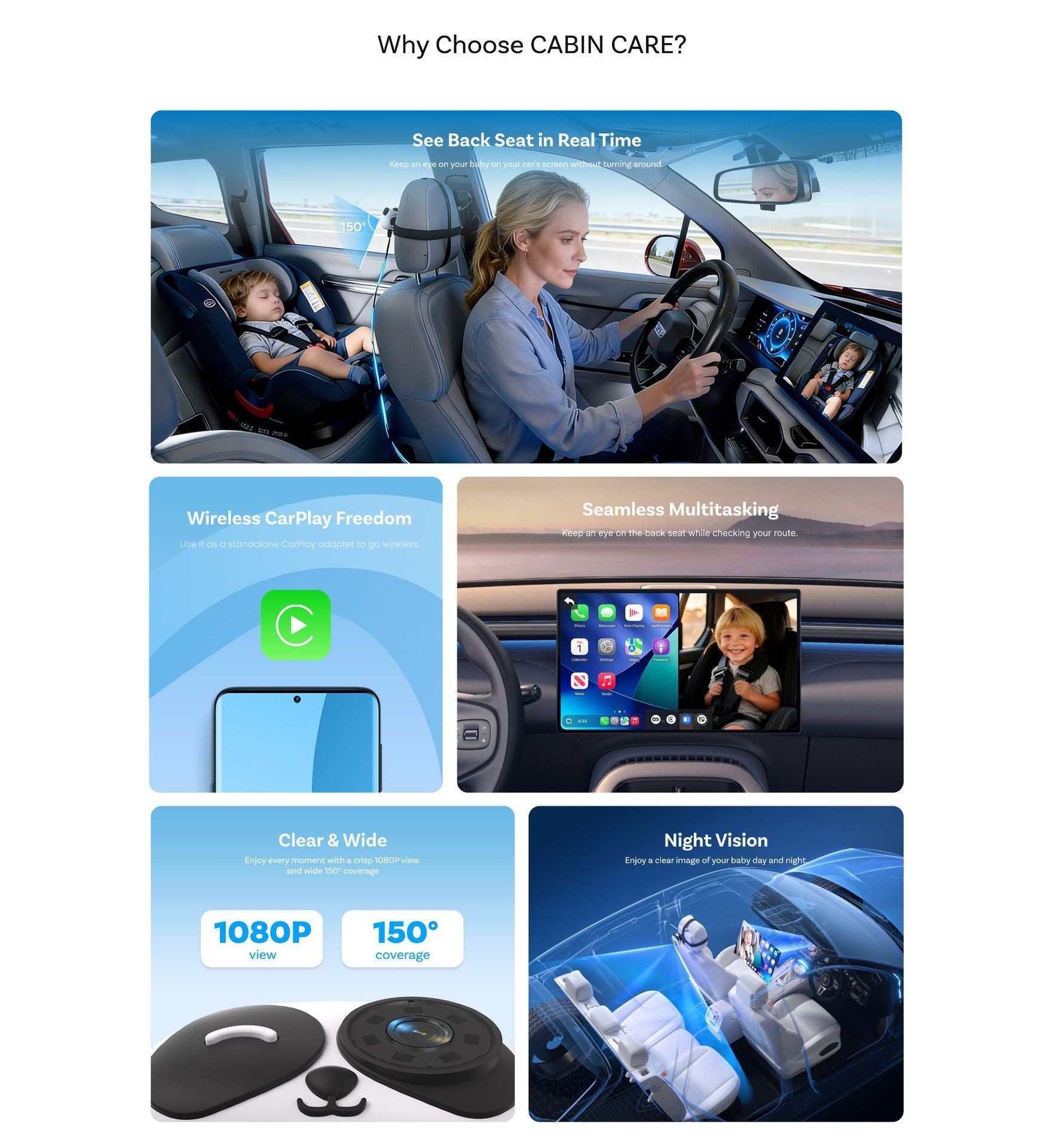 Cabin Care 2-in-1 Car Baby Monitor Camera & Wireless CarPlay Adapter,  Rear View Infant Safety Camera with Night Vision