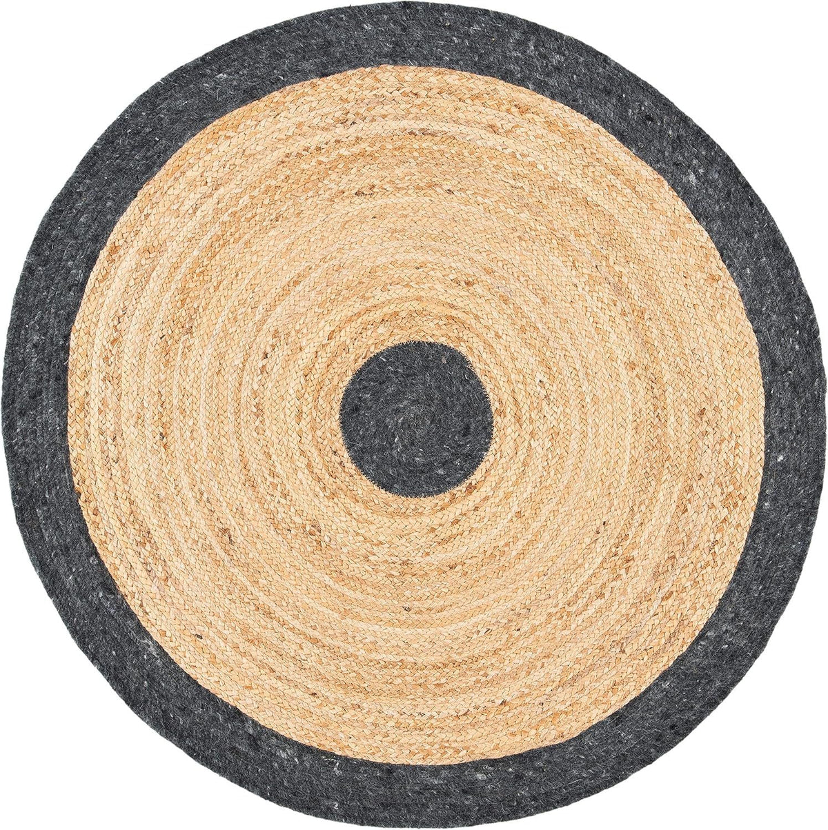 Dual Tone Jute Round Rug with Black Border & Center Circle | Handwoven Natural Area Carpet