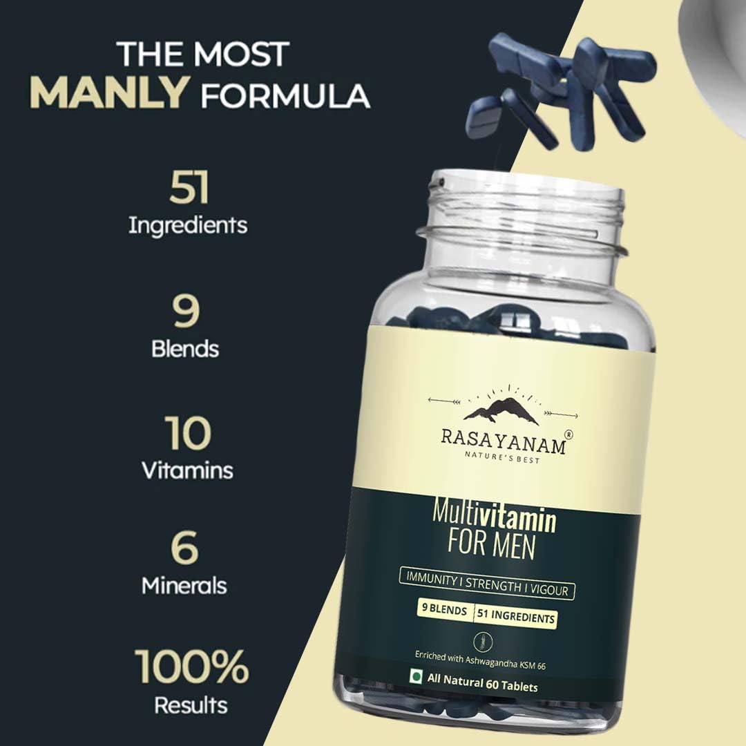 Rasayanam Multivitamin for Men 60 Tablets | 51 ingredients & 9 Blends For Overall Health