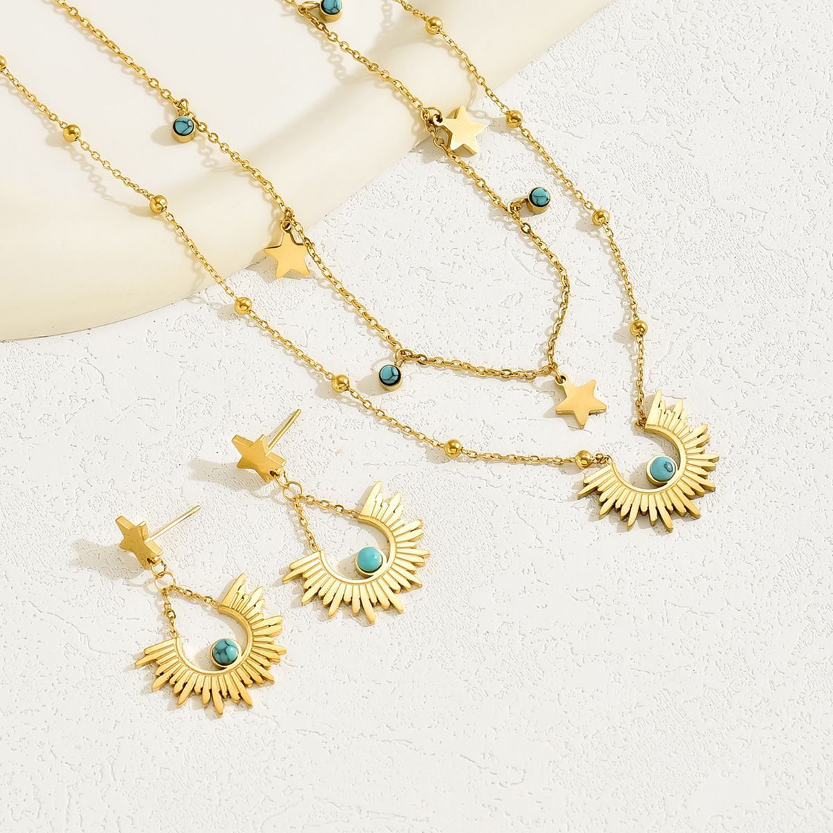 Star Moon Double Layer Necklace Earrings Set For Women