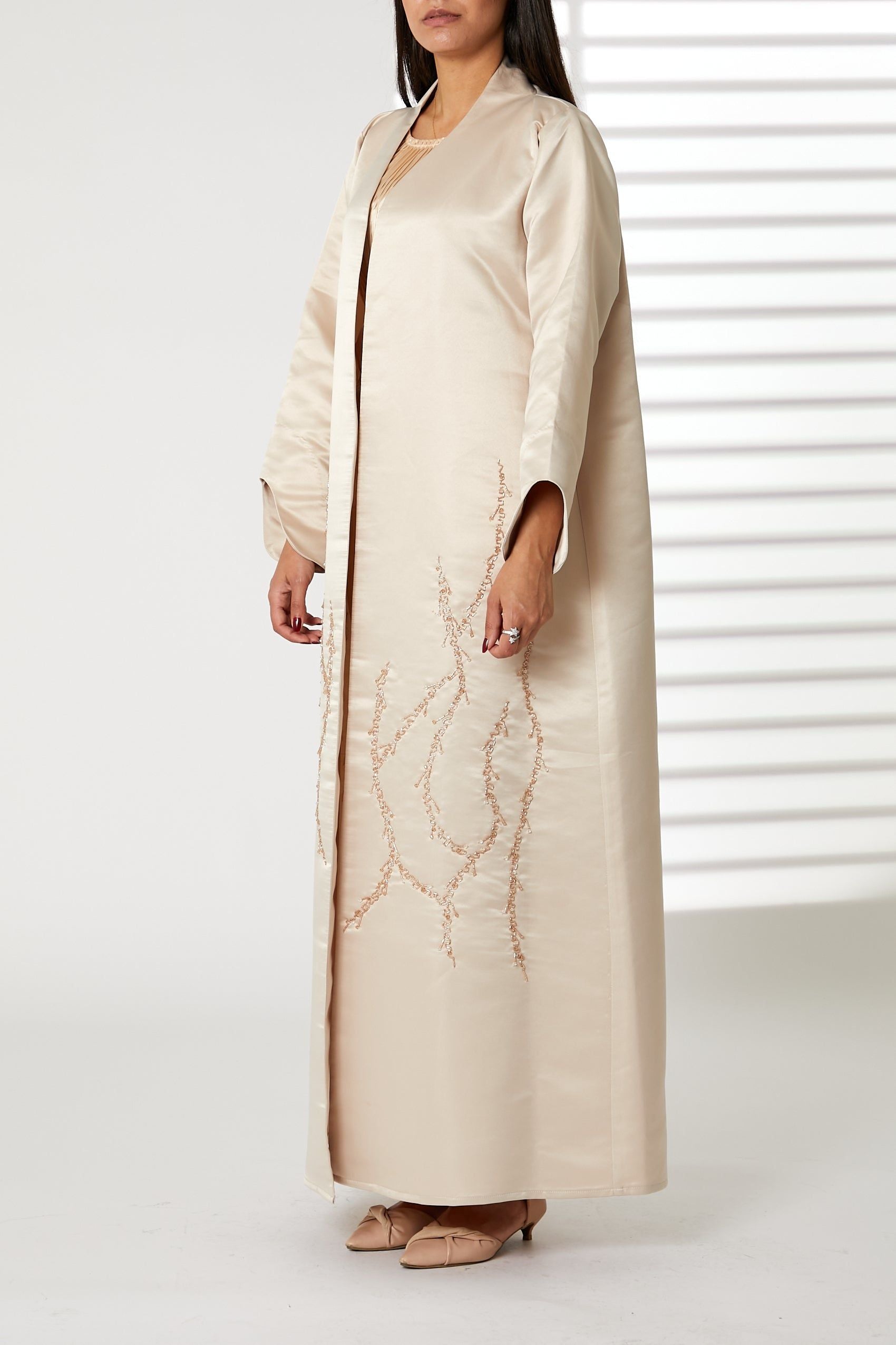 MOiSTREET Peach Bridal Satin Embroidered Open Abaya