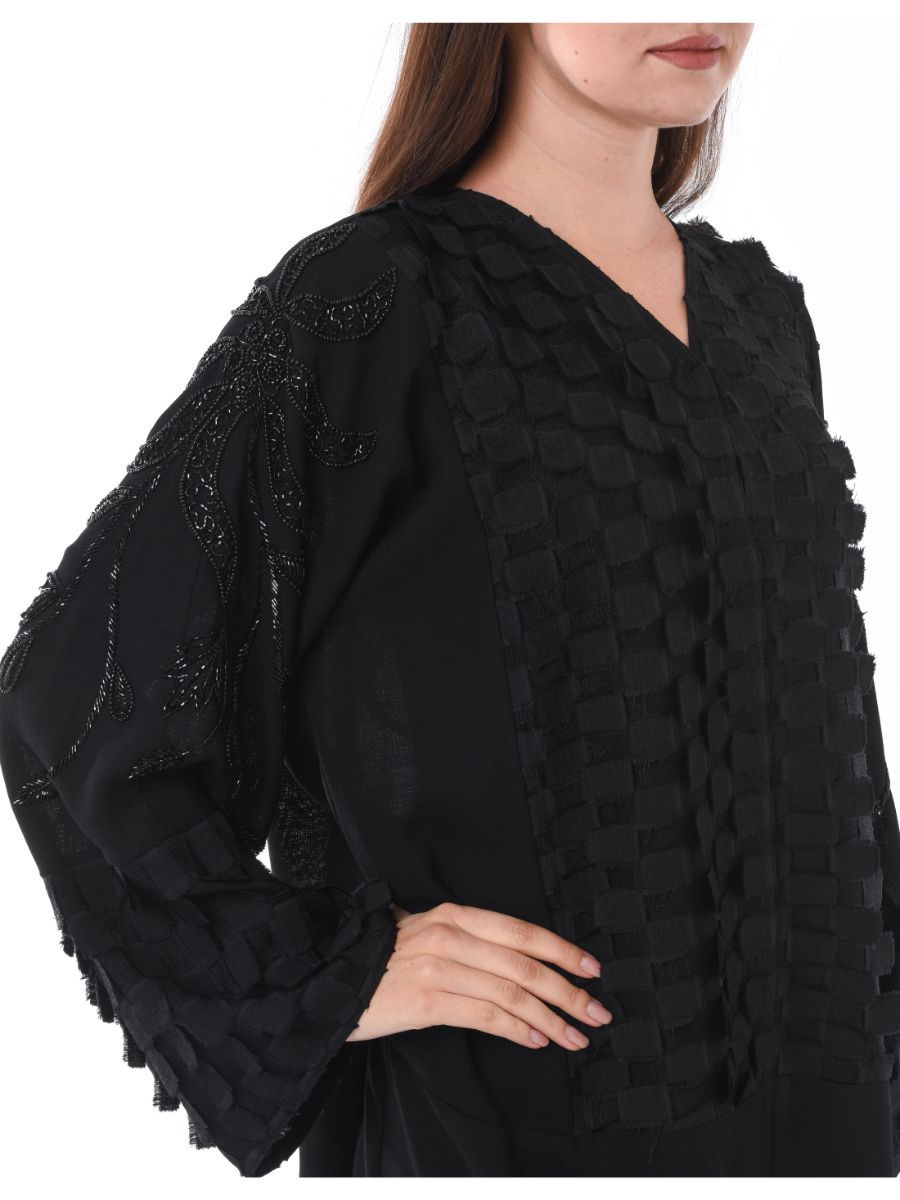 MOiSTREET Black Abaya with Checkered Panels and Hand Embroidery