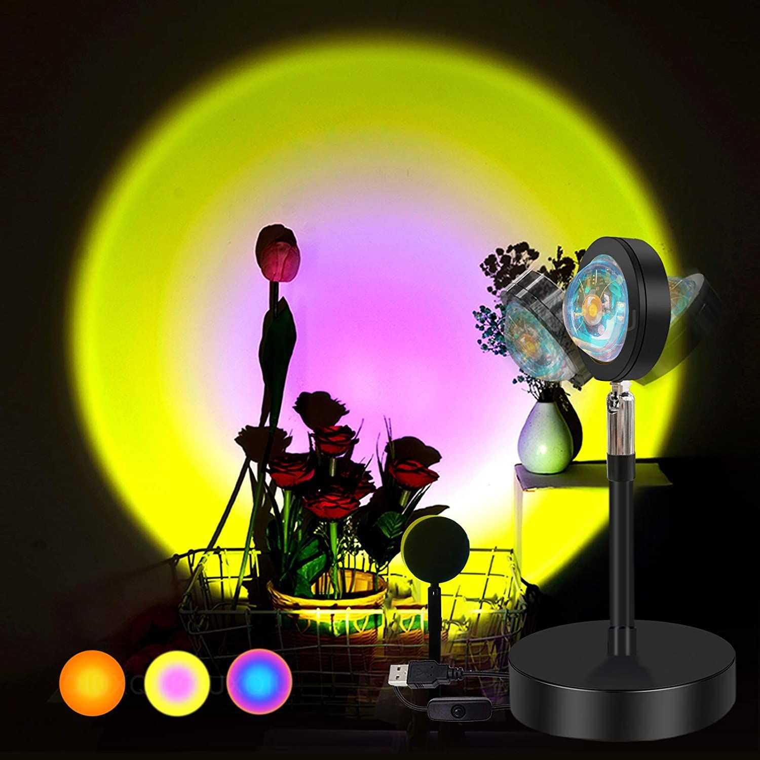 LED Sunset Projector Lamp 90 Degree Rotation Rainbow Sun Night Light