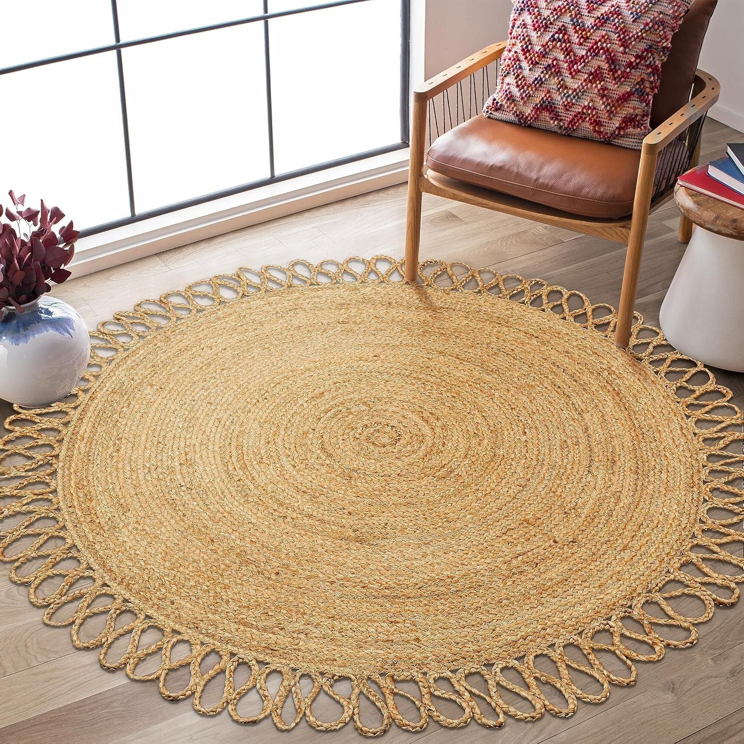Natural Round Jute Rug with Loop Fringe | Handmade Eco-Friendly Area Rug