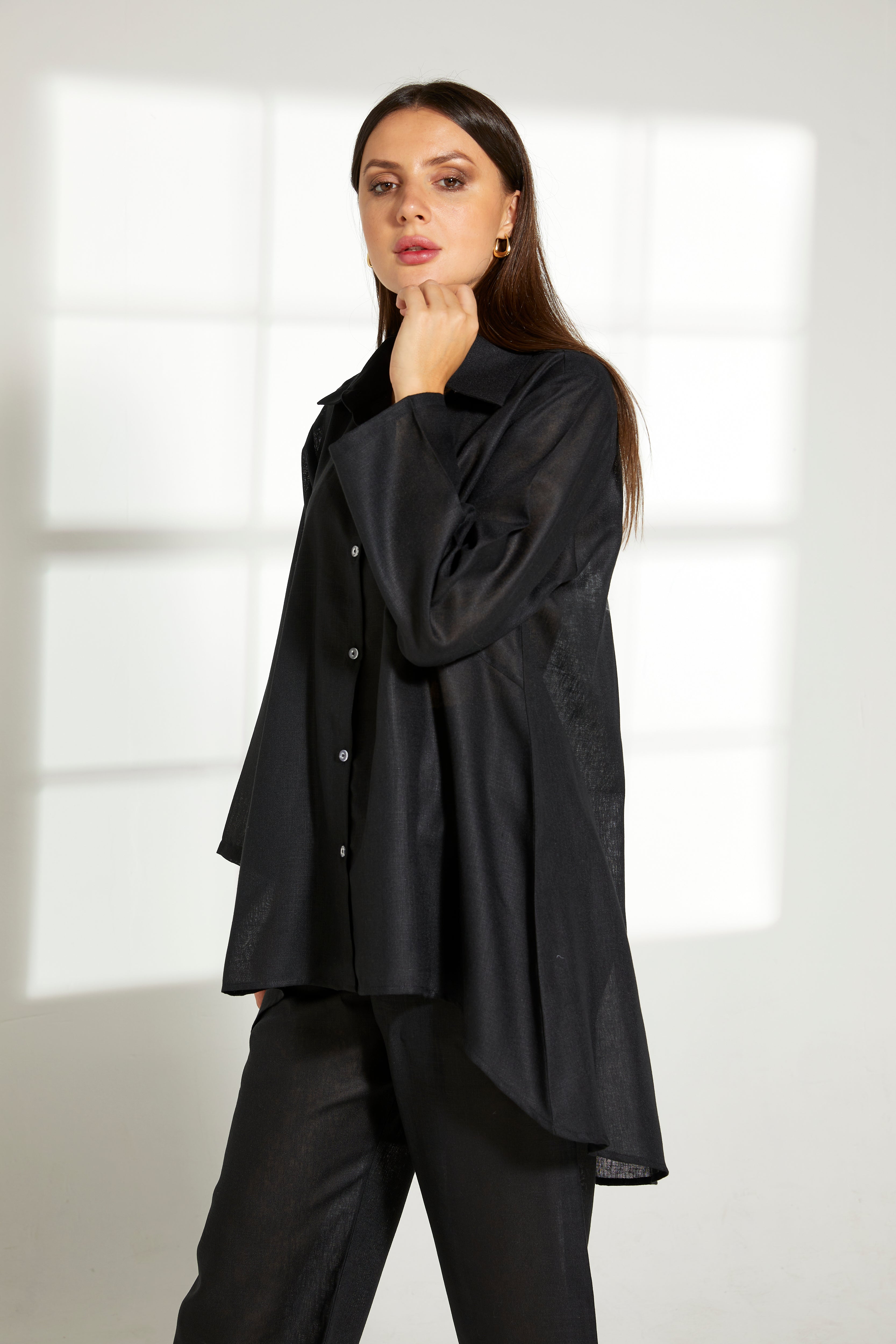MOiSTREET Black Linen Fabric Top and Pants Set