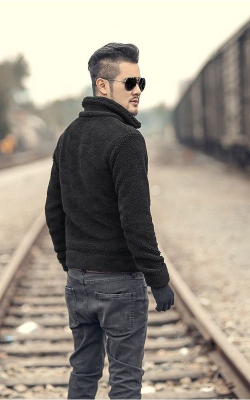Men Winter Furry Jacket Warm Short Slim Cardigan Casual Thick Coat With Pocket