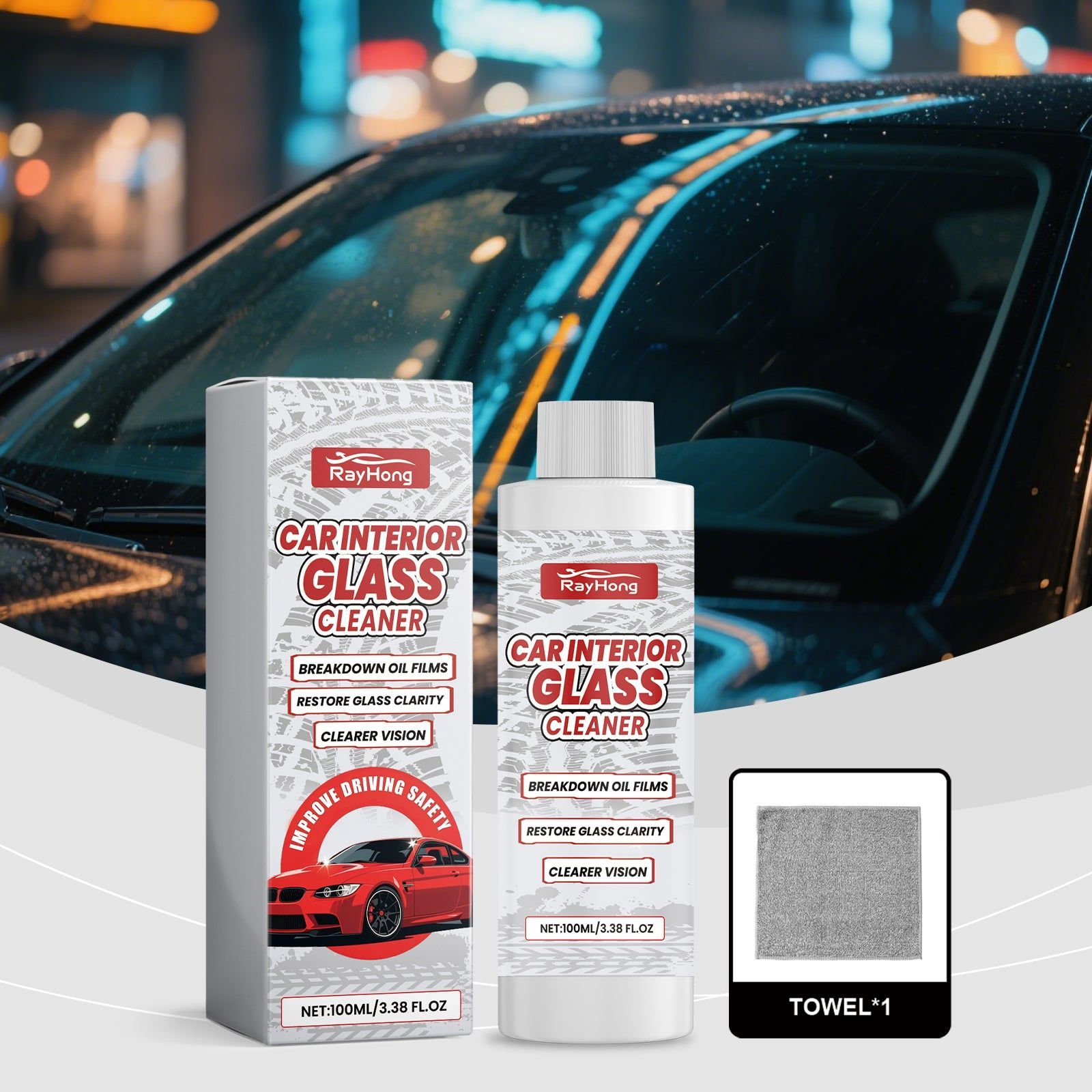 Car Cleaning Glass Cleaner, Anti-Fog, Dirt & Oil Removal, Easy Use ,1set