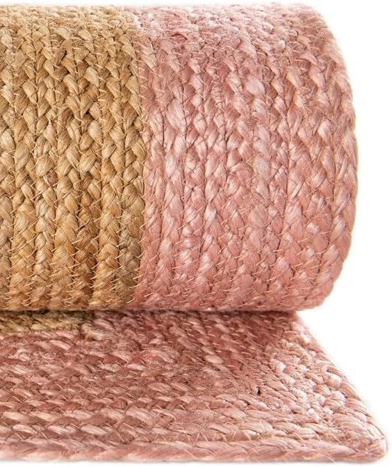 Pink & White Border Oval Jute Rug | Handmade Natural Fiber Area Rug for Living Room & Bedroom