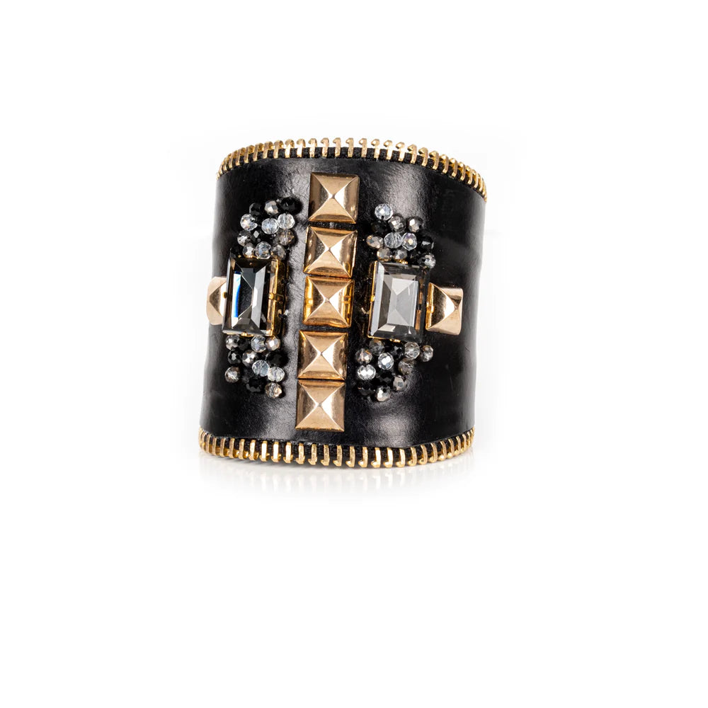 The Dark Black Leather Studded Cuff with Crystals & Gold Zipper Edge