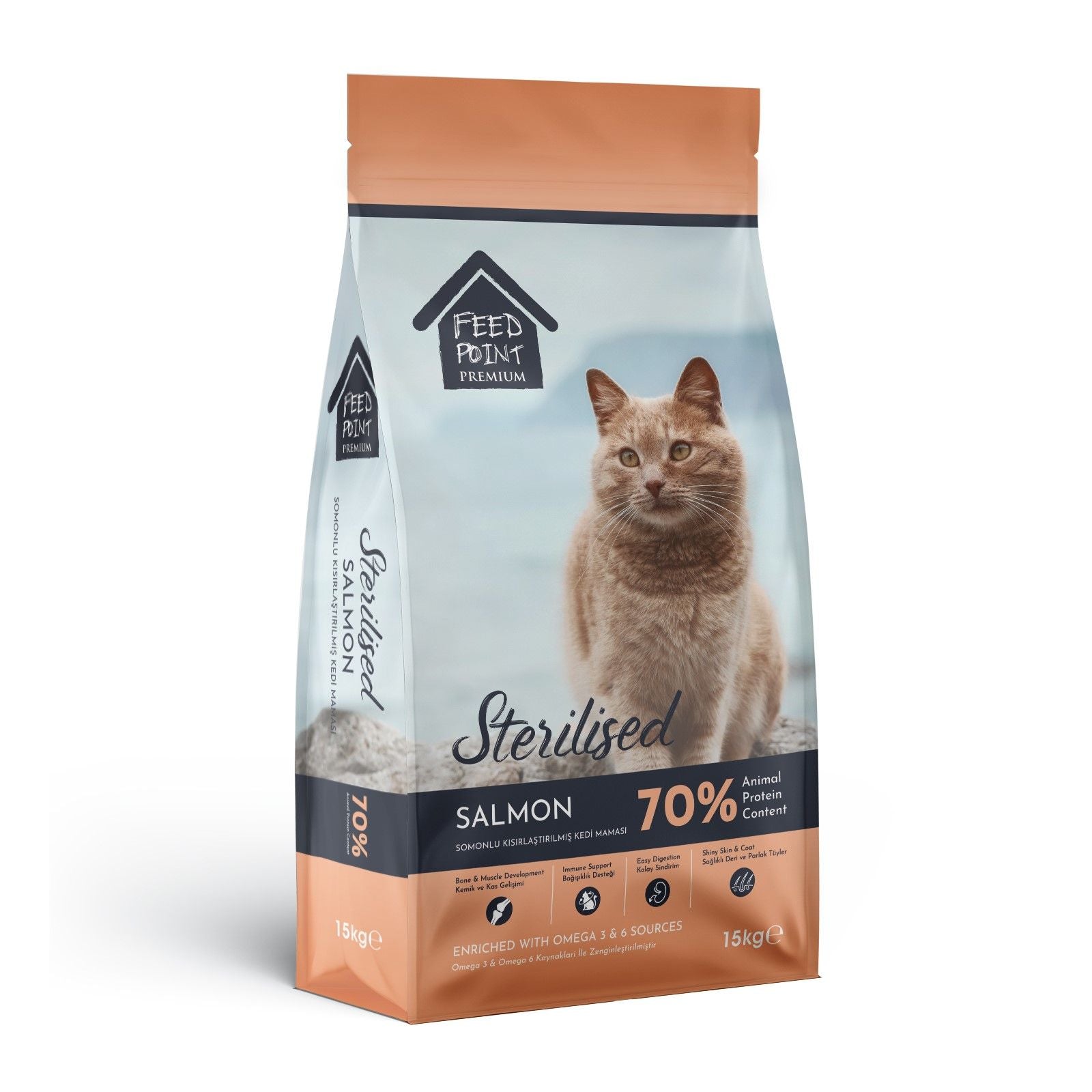 Feed Point Sterilised Adult Cat Food with Salmon & Rice, High Protein, Shiny Coat & Strong Immunity, 15kg