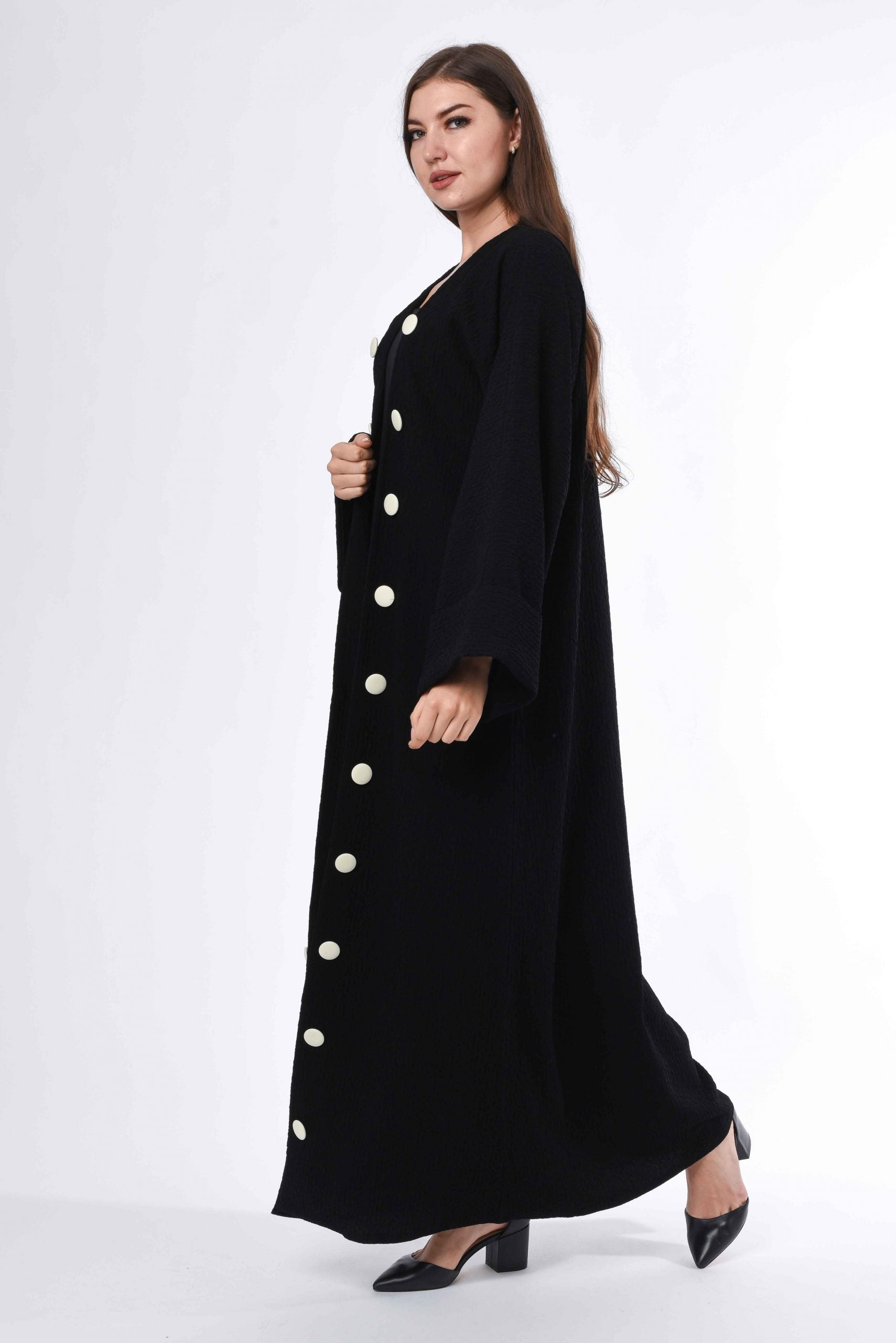 MOiSTREET Black Coat Style Abaya with White Button Detail