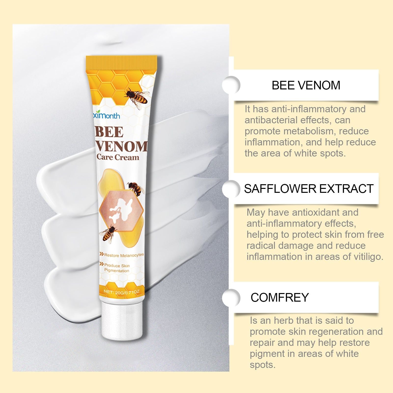 Bee Venom Skin Care Cream for White Spots, Pigmentation, Vitiligo, Moisturizing, Natural Repair ,20g