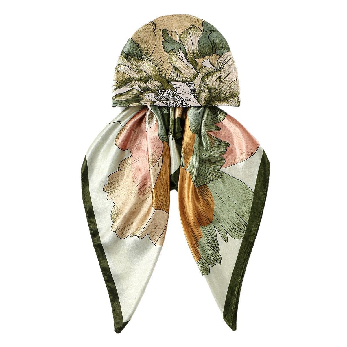 Green Satin Printed Hijab Scarf Silk-Like Square Head Wrap