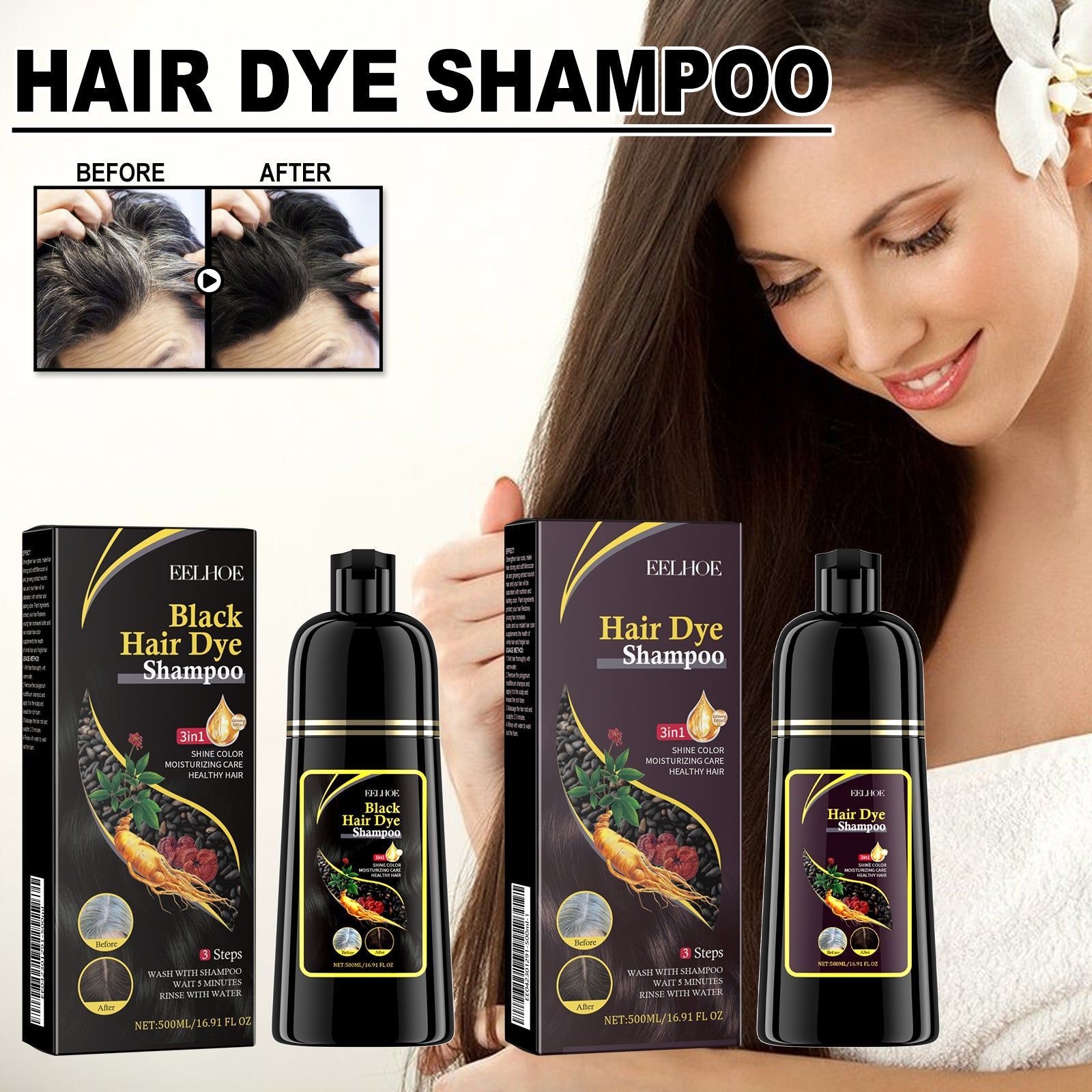 Natural Black Hair Shampoo, Repair & Nourish, Anti-Dandruff, Hairdressing Solution ,500ml