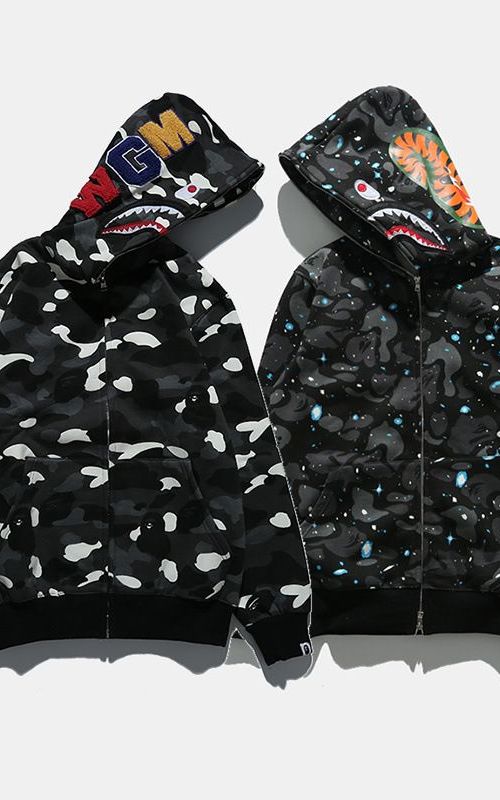 Shark Head Camo Hoodie Men Long Sleeve Zip Up Sweatshirt Hip Hop Casual Thin Coat