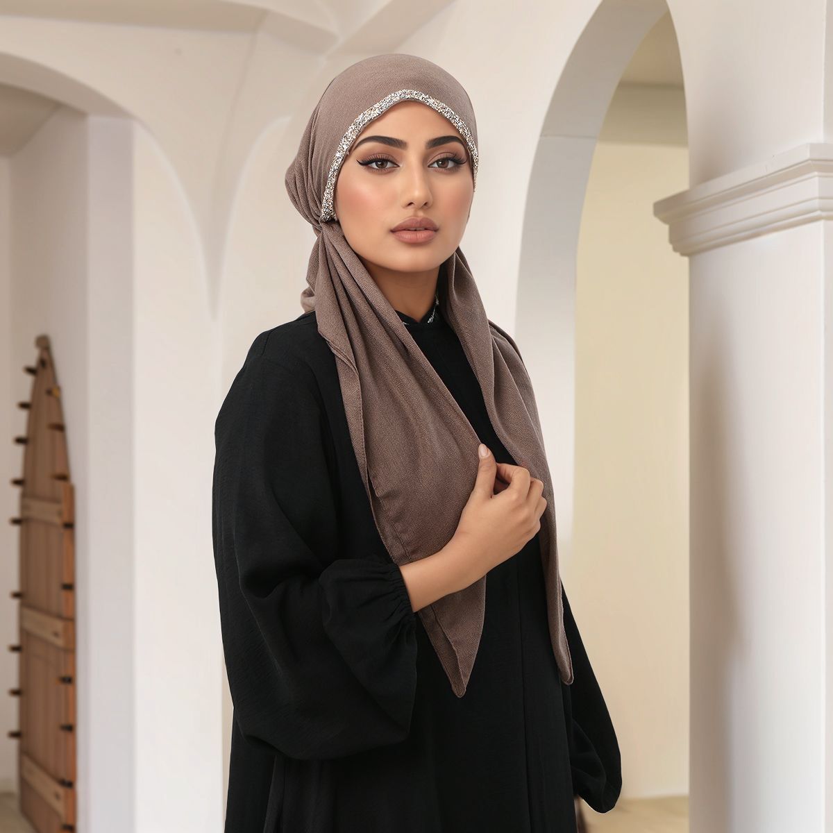 Coffee Brown Rhinestone Turban Hijab Cap & Scarf Set