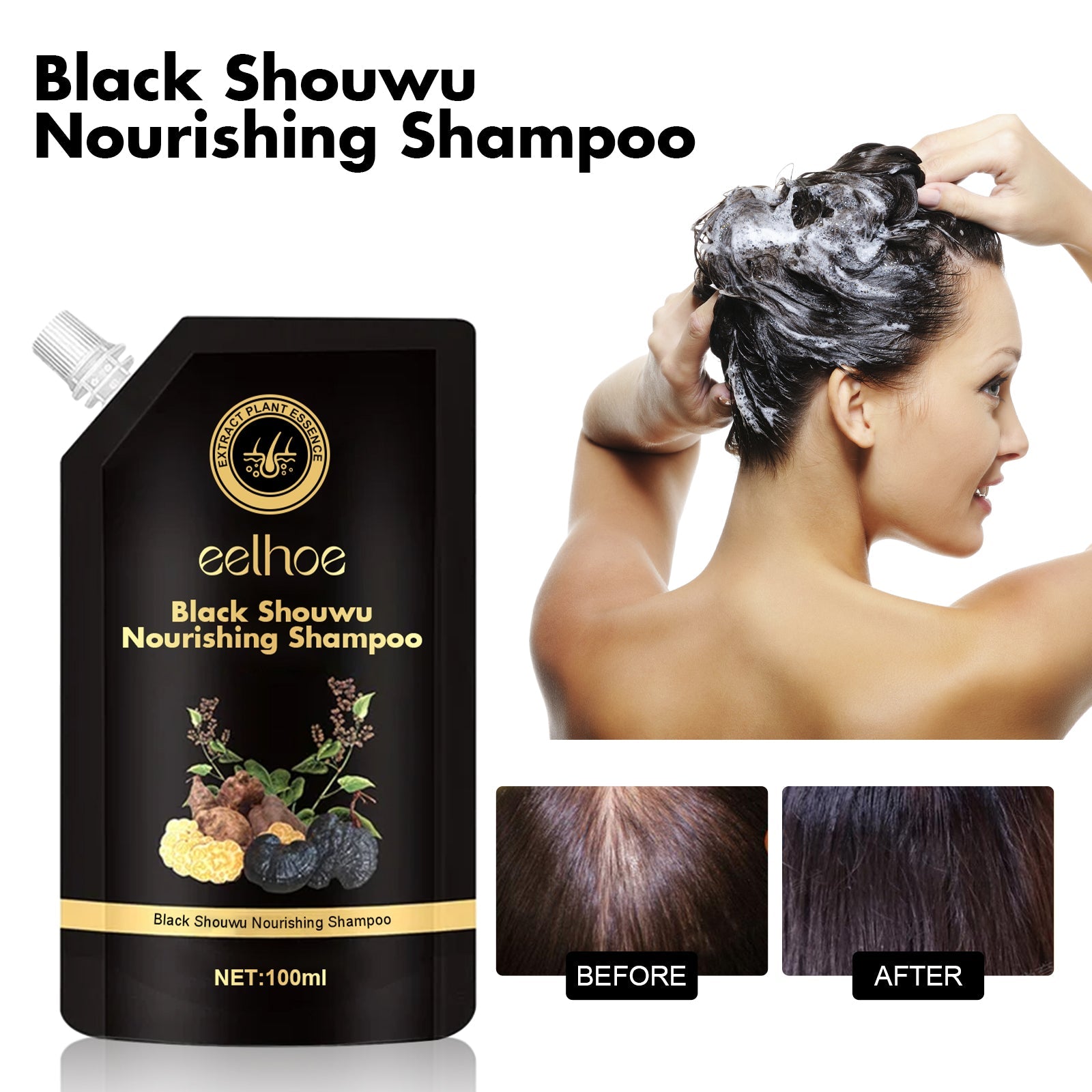 Black Reishi Multiflorum Shampoo for Thick Black Hair, Natural Shine, Moisturizing, Scalp Care ,100ml