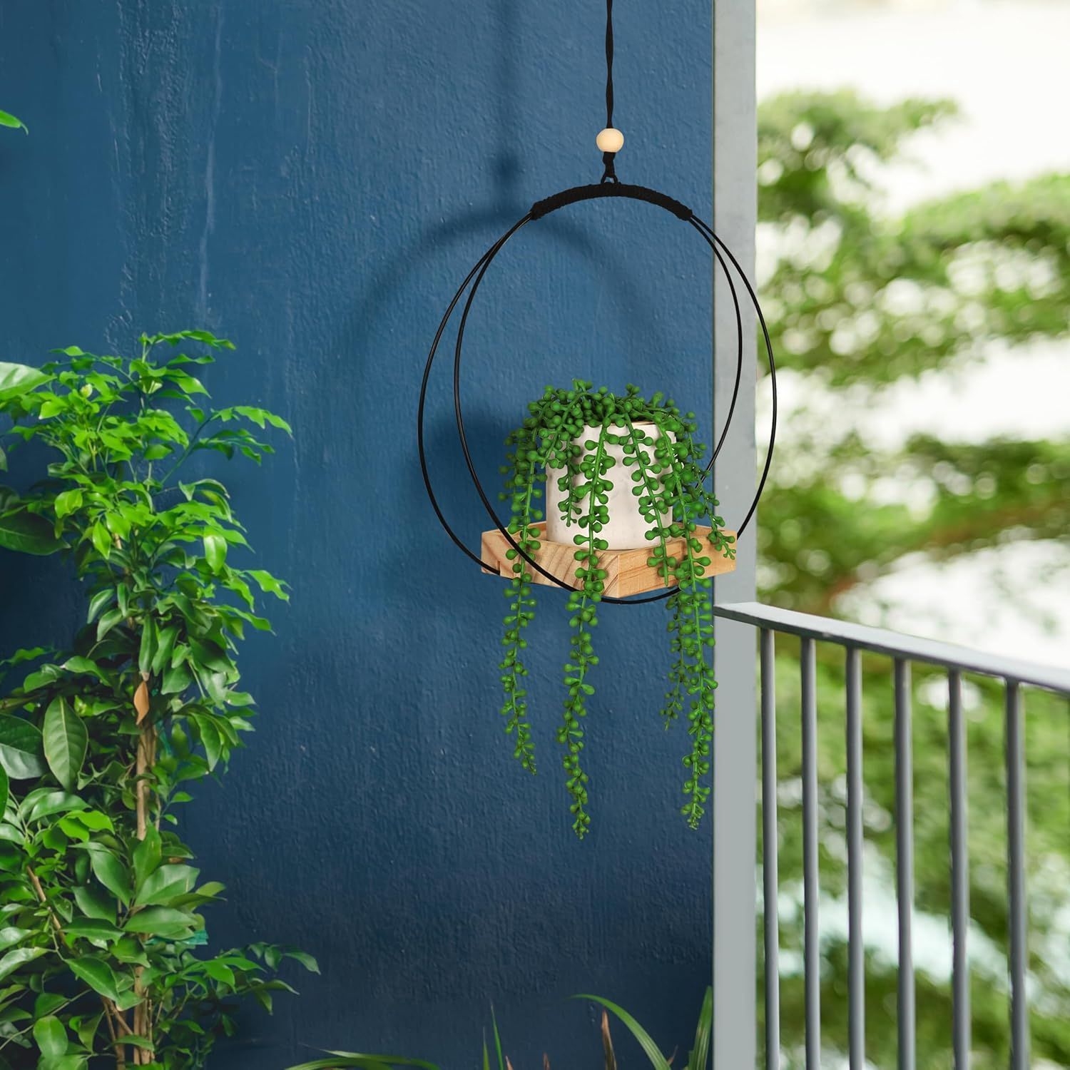 Macrame Plant Hanger with Wooden Base Flower Pot Planter Basket Holder