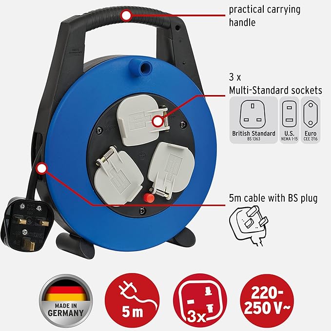 Brennenstuhl 1098207900 Vario Line Multistandard 3-way socket cable box (sockets fitting for BS, U.S. and EURO plugs), portable 5m extension cord in plastic box with carrying handle, Made in Germany