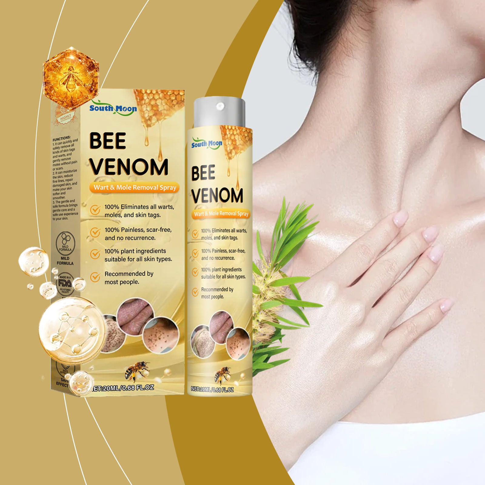 Bee Venom Wart & Mole Removal Spray, Skin Care, Gentle, Moisturizing, Fast Relief ,20ml