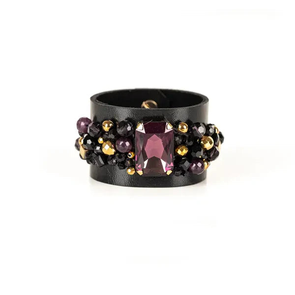 The Dark Black Leather Crystal Cuff Bracelet with Purple Gemstone and Beaded Embellishment Handmade Statement Bracelet
