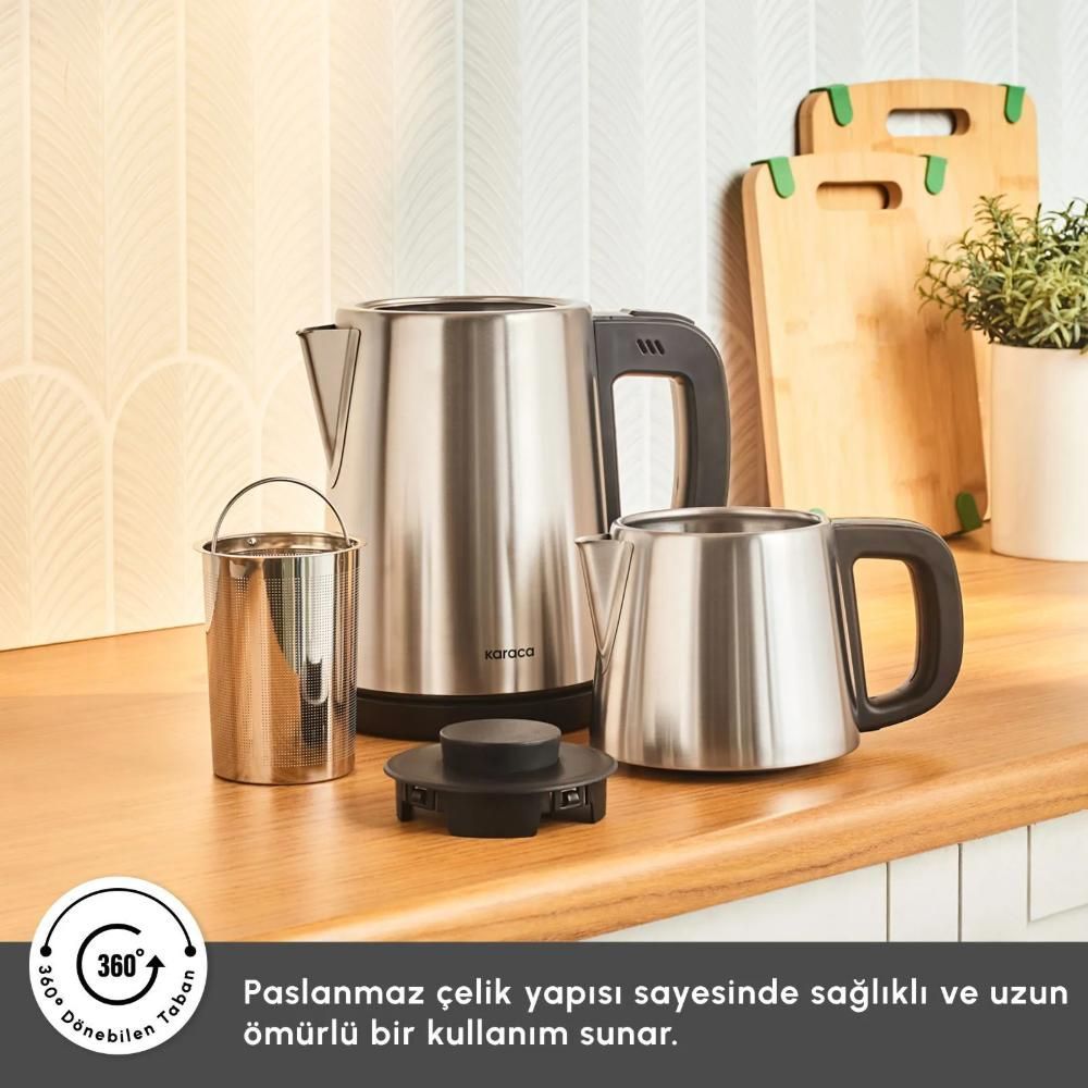 Karaca Tea Break 2-in-1 Electric Tea Maker & Water Kettle, Stainless Steel, Inox & Black