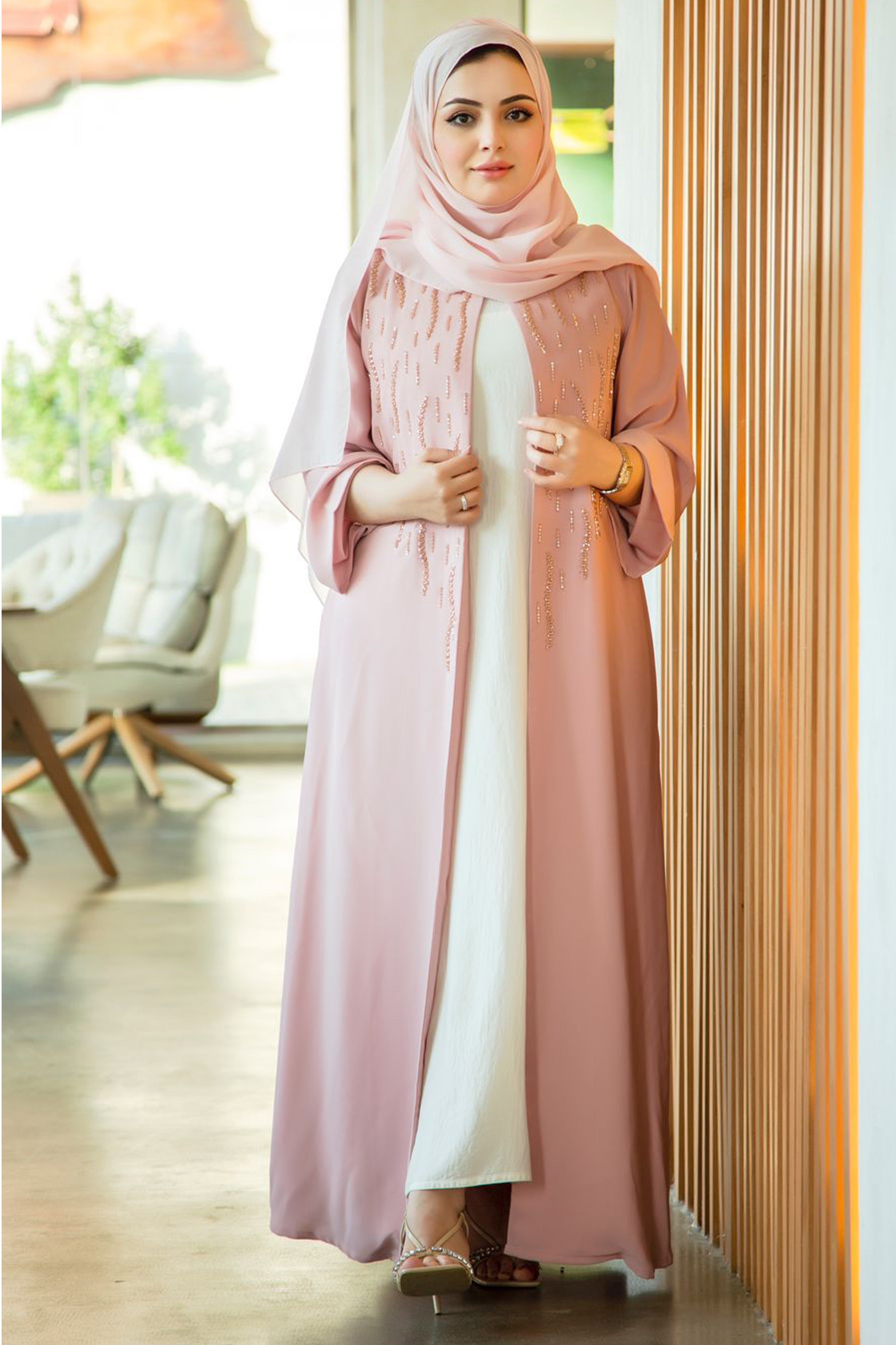 MOiSTREET Tan Korean Nida Front Embroidered Abaya