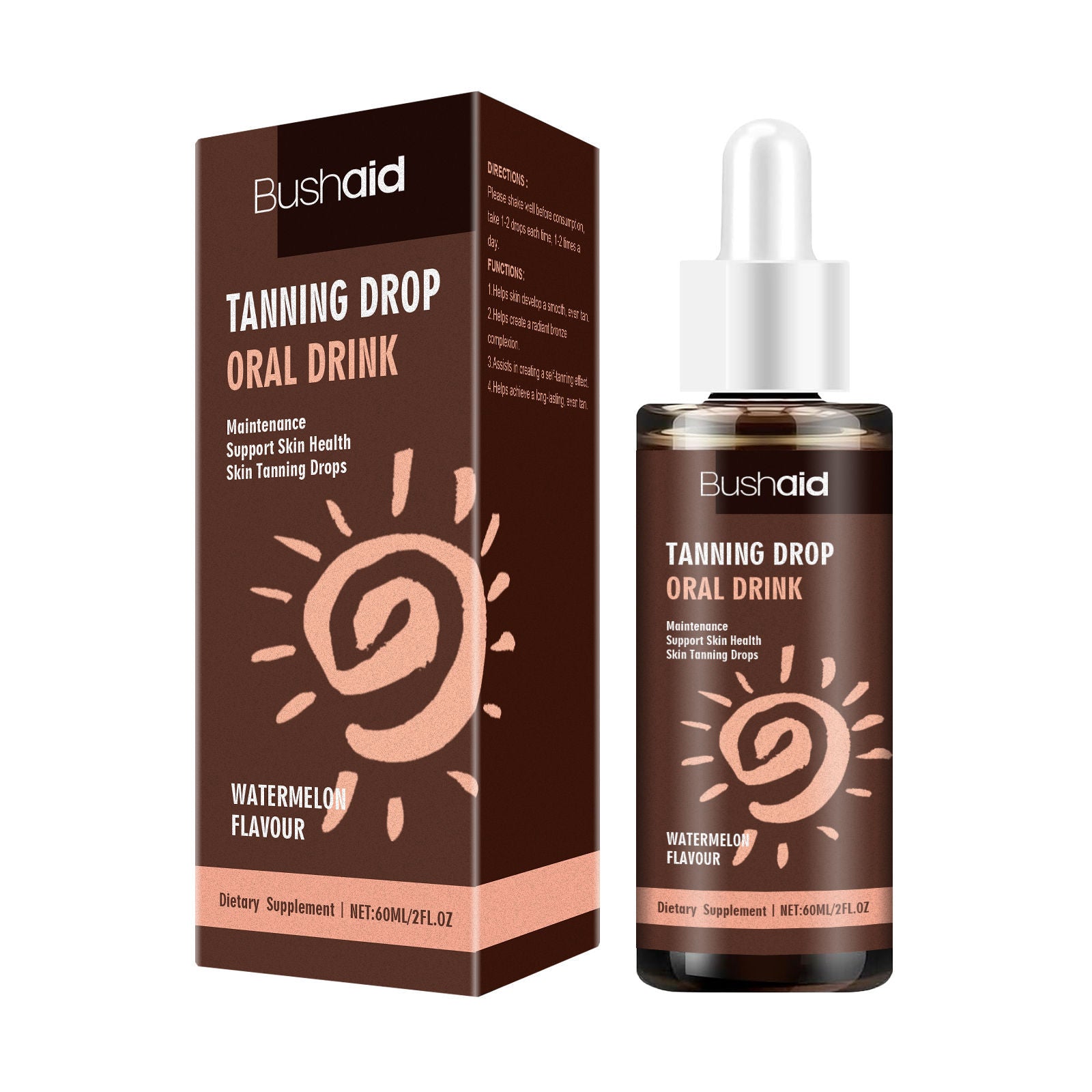 BushAid Anti-Tanning Drops for Body Care, Brighten Skin, Moisturize, Tanning Alternative ,60ml