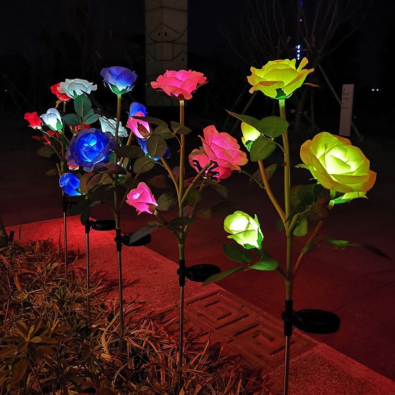 Outdoor Solar Flower Lights 2 Pack 5 Head Artificial Rose LED Lamp Garden Décor