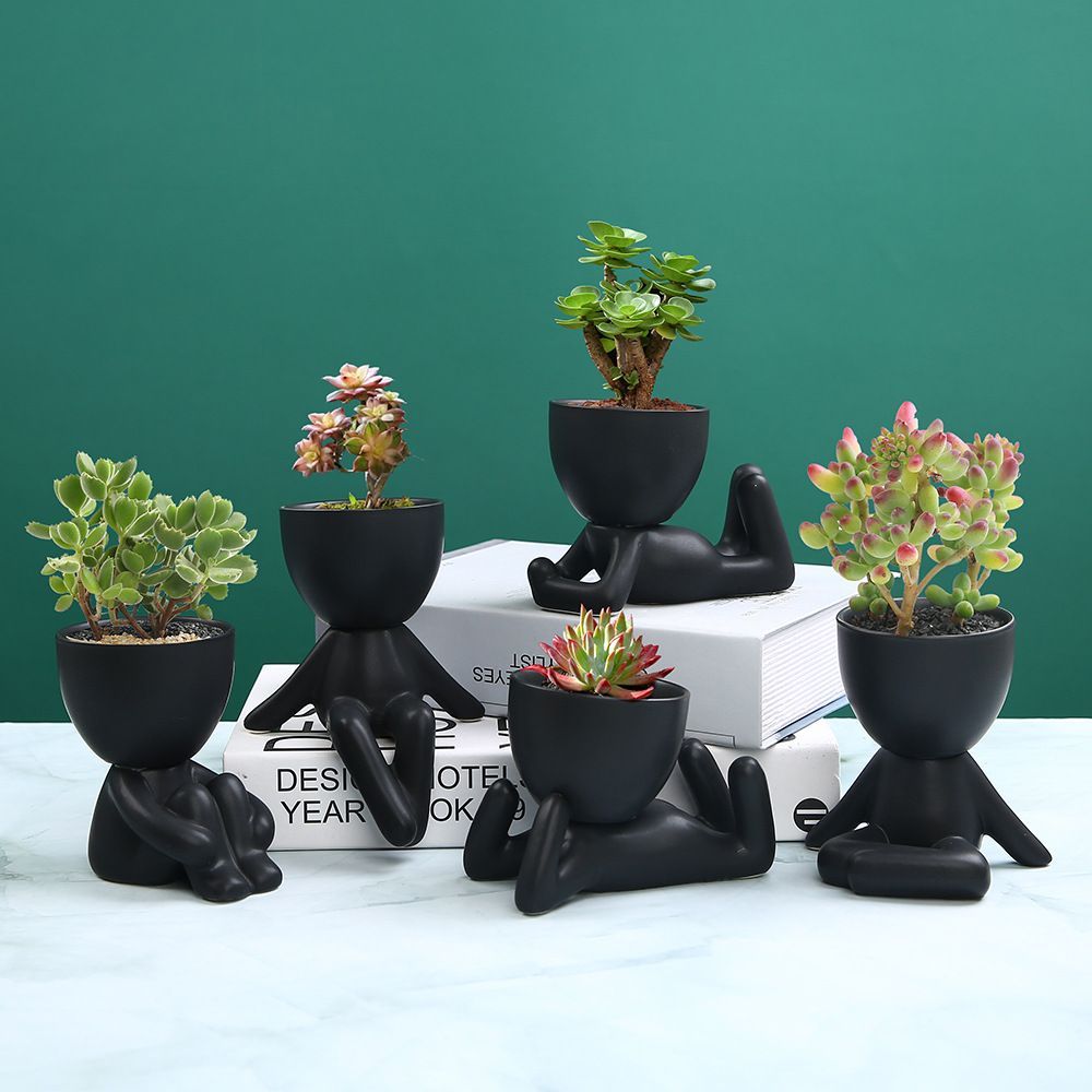 Mini-family Flowerpot Human Being Shape Ceramic Desktop Planter Container For Succulents