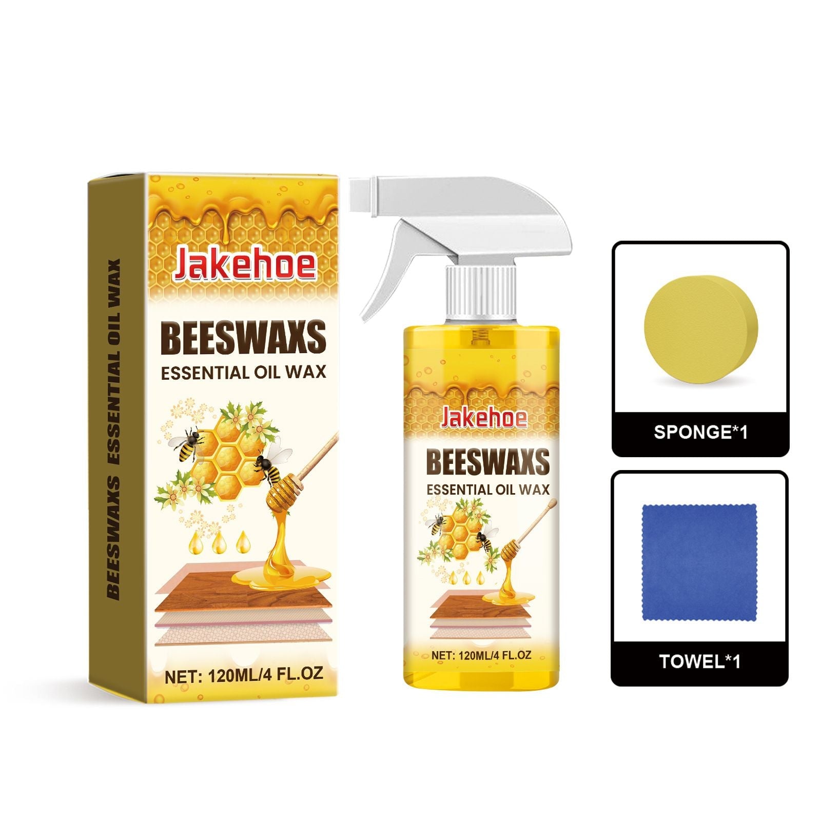 Jakehoe Wood Beeswax Polish Spray, Furniture Nourishing Care Spray with Sponge & Cloth, 120ml Set