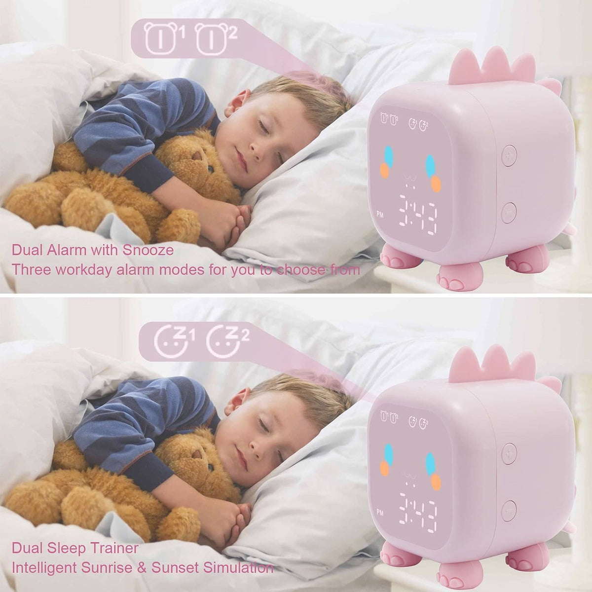 Kids Dinosaur Alarm Clock Creative Cartoon Bedside Clock Night Light Rechargeable